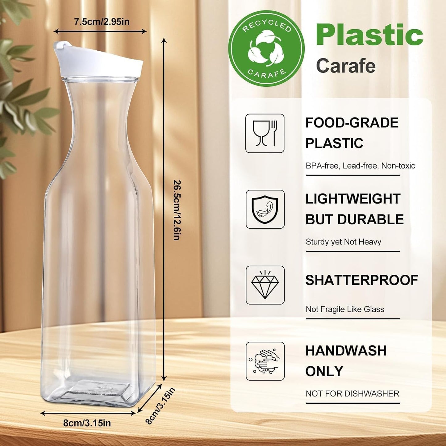 Set of 4 Plastic Carafe with Lid, 1 Liter Mimosa Bar Supplies, Large Square Base Juice Containers, Water Bottle, Milk Container, Clear Beverage Containers for Fridge