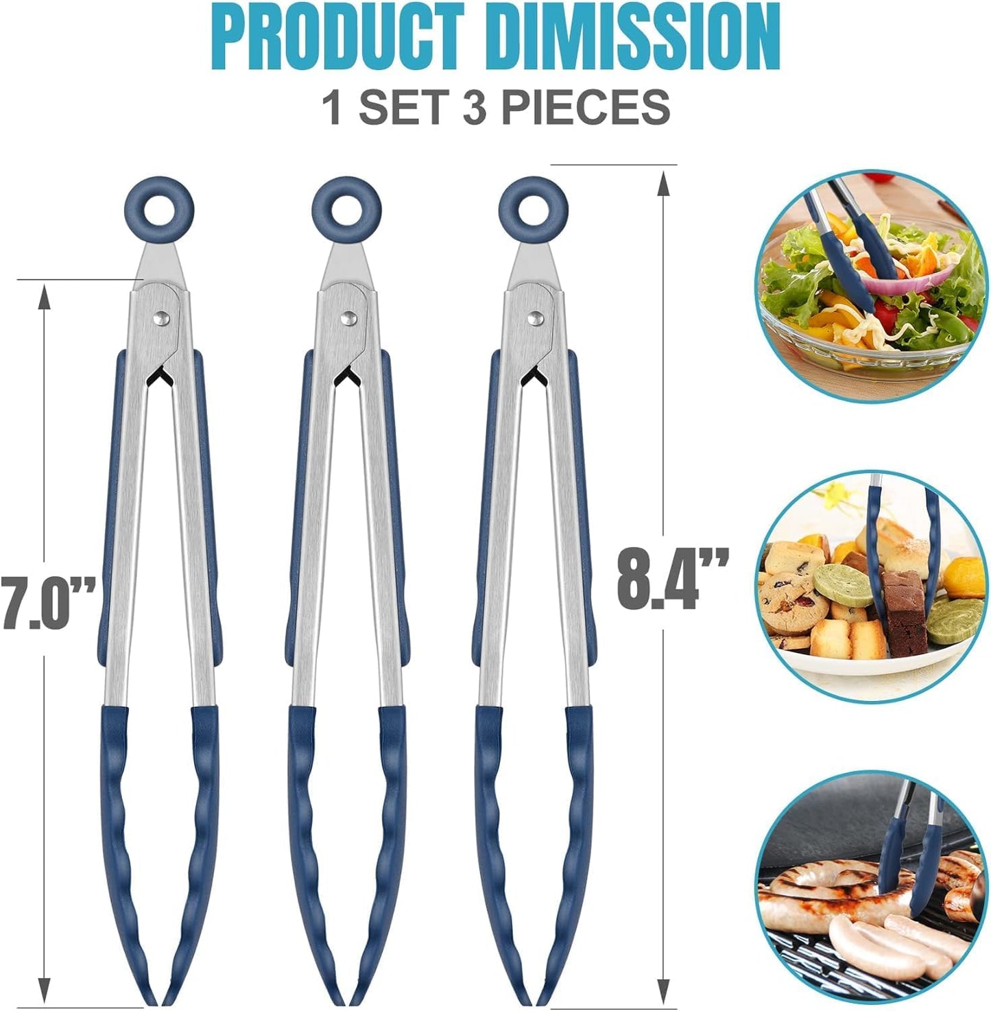 Hotec Mini Silicone Kitchen Tongs for Cooking - 7-Inch Small Serving Tongs with Silicone Tips, Set of 3 (Classic Blue)