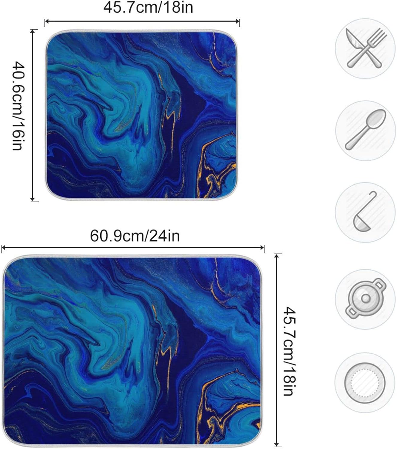 Super Absorbent Dish Drying Mat, Microfiber Fast-Drying Dish Mat, 24" x 18", Kitchen Dish Drying Pad, Navy Blue Gold Marble