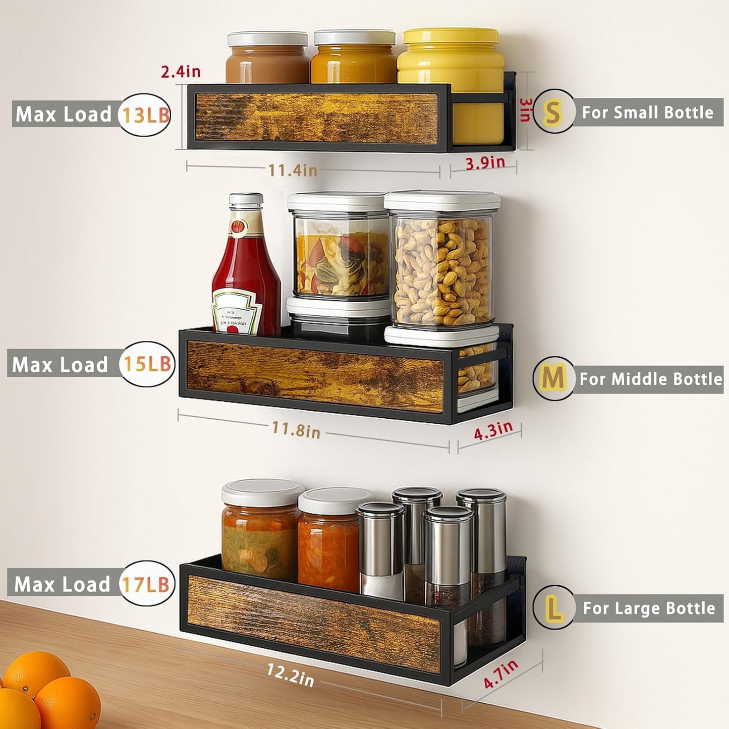 Spice Rack Wall Mount 3 Pack, Space-Saving Seasoning Organizer,Screw or Adhesive Hanging Spice Rack Organizer for Kitchen Cabinet and Wall (Engineered Wooden)