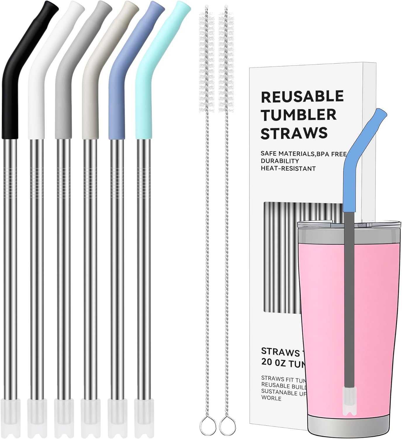 20 oz Straight Metal Straws with Silicone Tip for 20 oz Tumbler, Stainless Steel Reusable Drinking Metal Straw for YETI, STANLEY, US Acrylio, BJPKPK, Simple Modern and so on