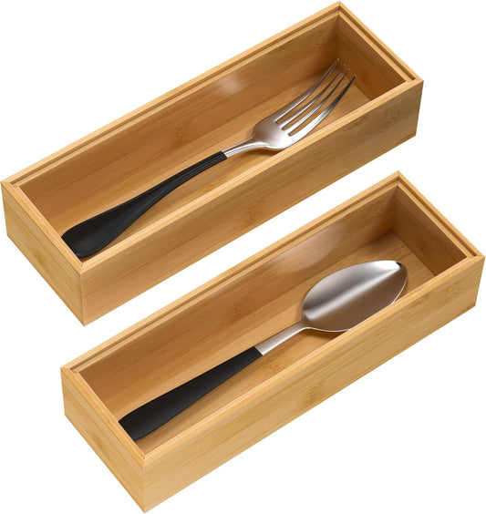 Silverware Tray for Drawer, Stackable Kitchen Bamboo Drawer Organizer 9" x 3" x 2" Set of 2