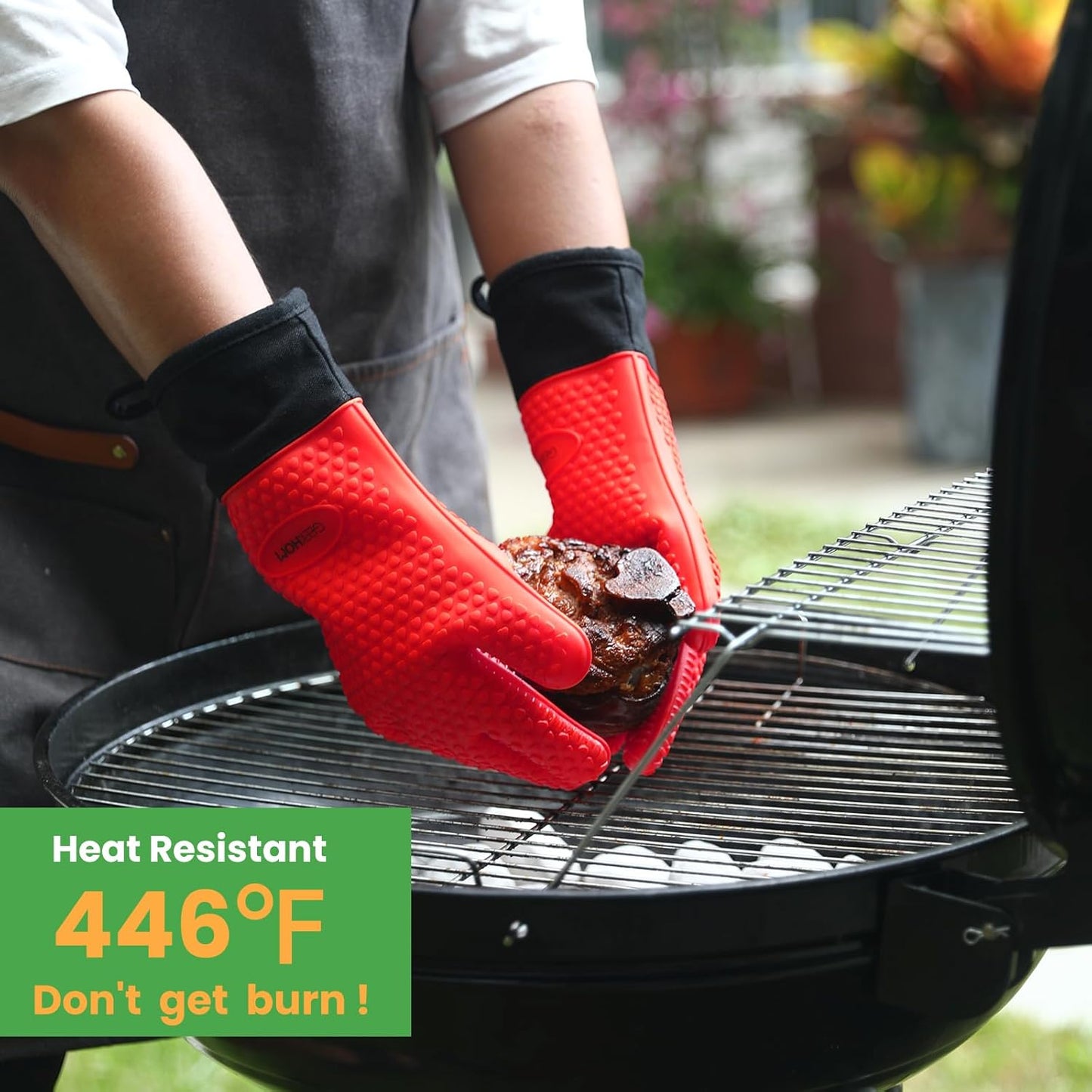 GEEKHOM BBQ Gloves Heat Resistant Oven Mitts - Silicone Grilling Gloves with 13.7" Arm Protection - Waterproof Pot Holder Non-Slip for Men & Women, Kitchen Outdoor Cooking, Baking, Camping, Red