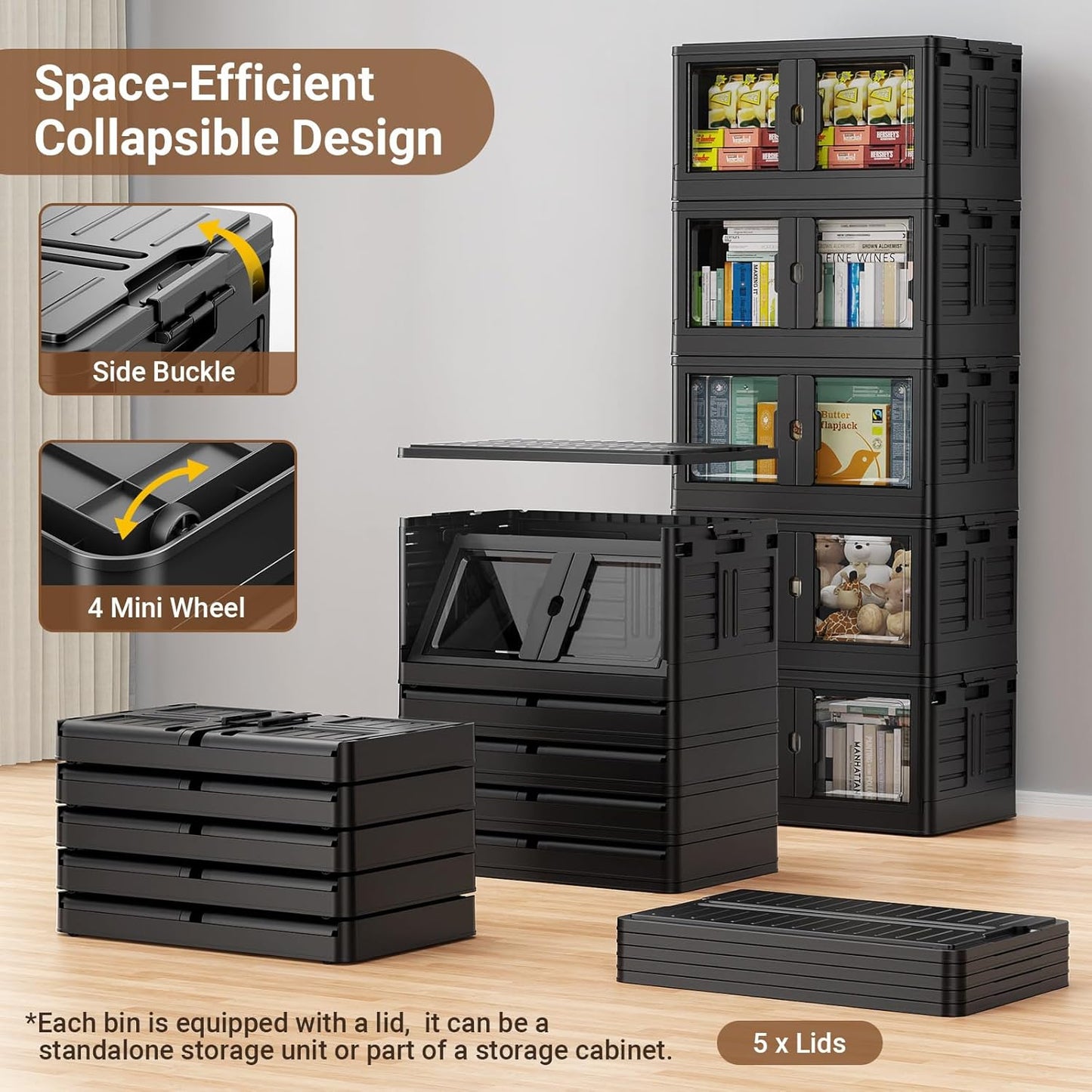 460Qt Stackable Storage Bins with Individual Lids & Wheels, Large Plastic Collapsible Latching Boxes Closet Organizers and Storage Cabinet Shelves Units for Home Kitchen Dorm, 4-Pack Black