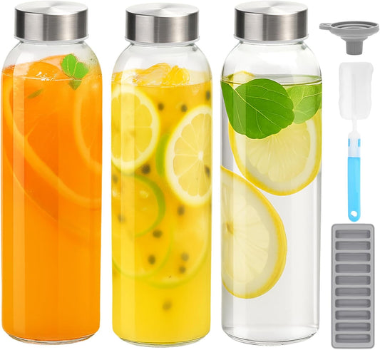 Zukro Glass Water Bottles with Lids 24 oz, 3 Pack Reusable Juice Bottles With Stainless Steel Airtight Cap for Juicing, Leak Proof Clear Drinking Jar Beverage storage container for Fridge, BPA Free