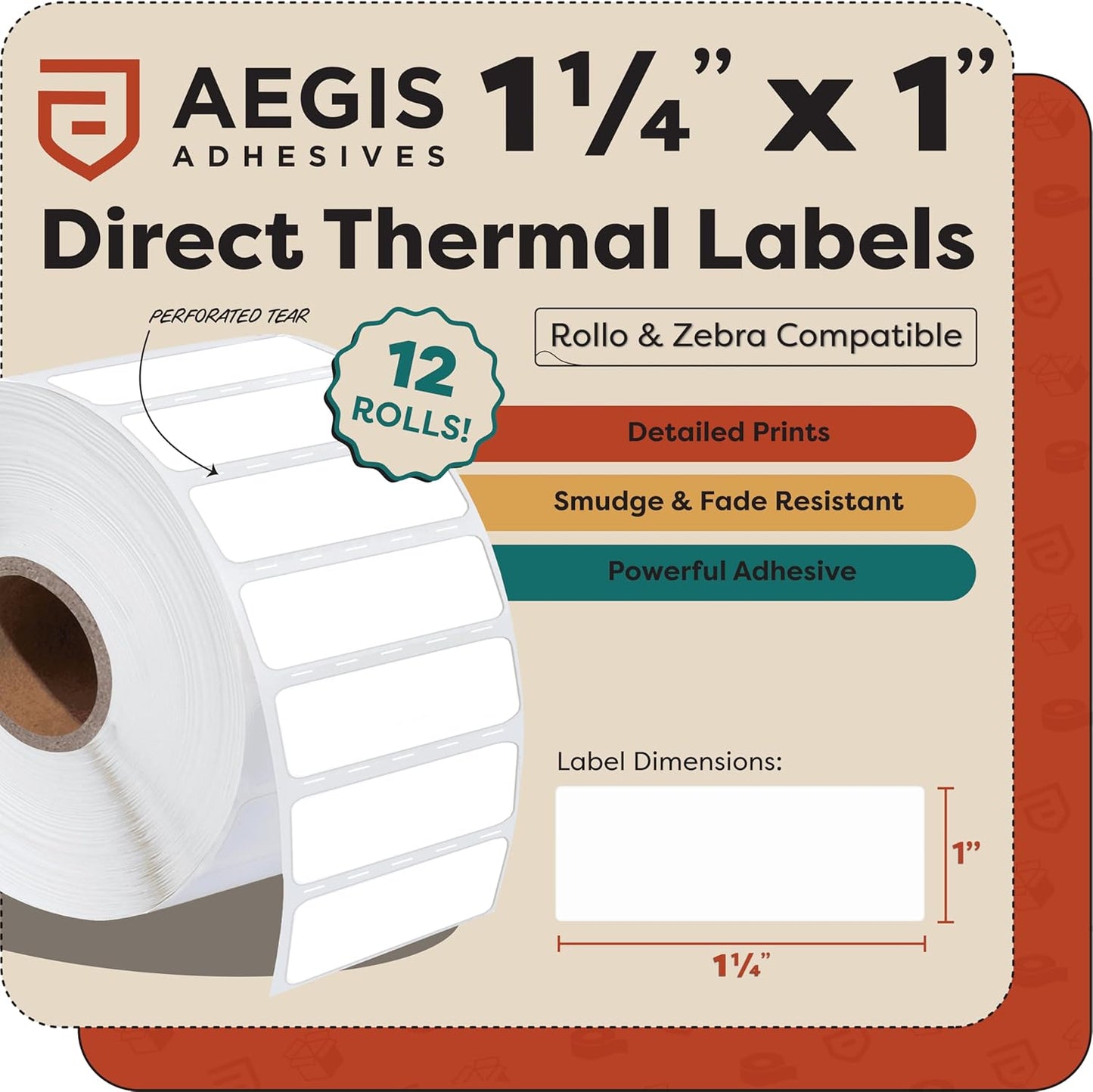 Aegis Adhesives - 1 ¼” X 1” Direct Thermal Multipurpose Labels for QR Codes, Price Tags, Perforated & Compatible with Zebra Desktop Printers - NOT Rollo Compatible (12 Rolls, 1300/Roll)