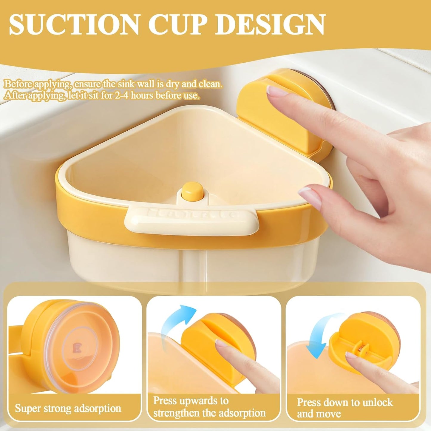 Sink Strainer Basket, 2025 New Upgraded Suction Cup Sink Corner Rack, Triangle Suction Cup Press Sink Drainer Basket, Automatic Dumping Corner Sink Trash Catcher for Kitchen Bathroom (Yellow)