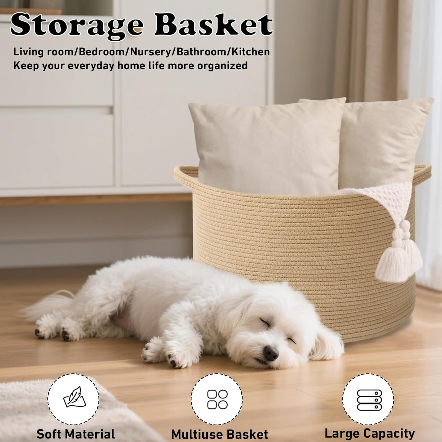 Large Blanket Basket for Organizing,115L Closet Organizers and Storage Bins Box for Shelves Woven Rope Storage Baskets,Living Room,Bedroom,Dorm,Laundry room (Camel)