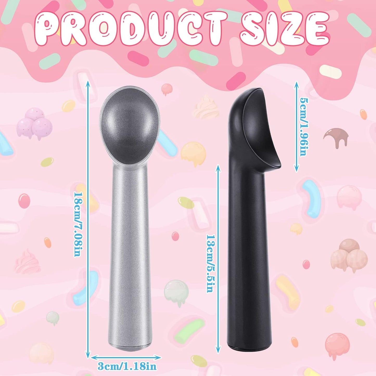 Gejoy 8 Pcs Ice Cream Scoop 7 Inch Nonstick Anti Freeze Ice Cream Scooper Aluminum Design Dessert Spoon for Gelatos Frozen Yogurt Fruit Sundaes Sorbet Almond Cookie Dough (Black and Silver)