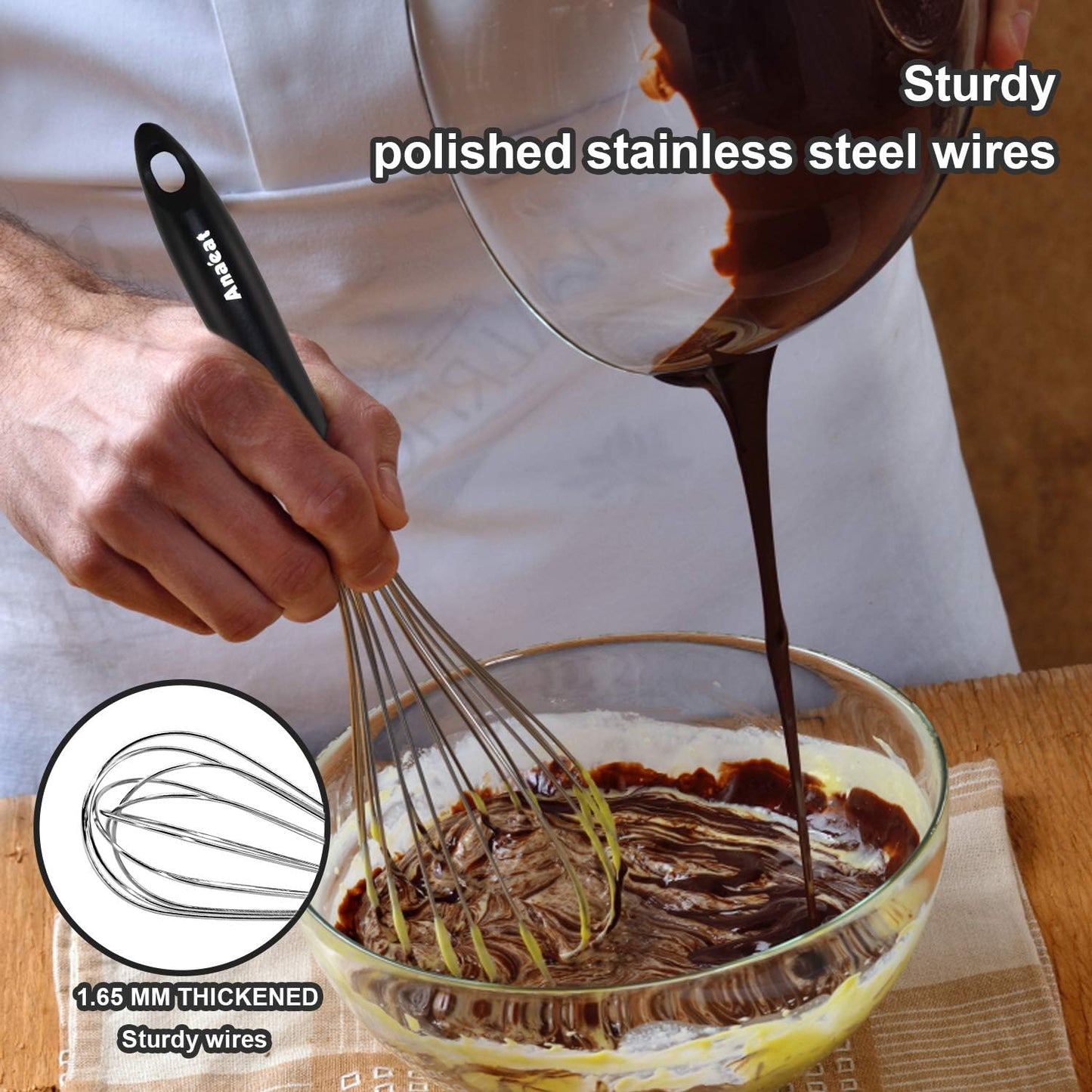 3 Packs Stainless Steel Whisk Set - Balloon Whisk, Anaeat Thick Stainless Steel Wire ＆ Strong Handles, Egg Beater for Cooking, Blending, Whisking, Beating and Stirring (8.5"+10.5"+12")