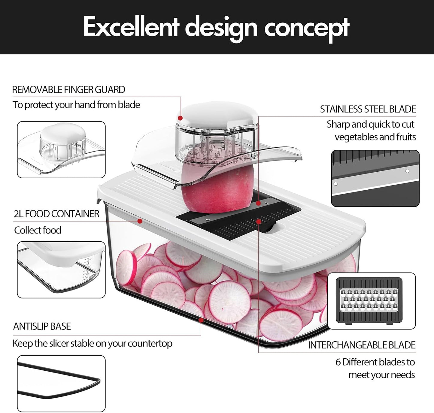 Cambom Mandoline Slicer Vegetable Slicer With 2 L Container for Potatoes, Tomatoes, Cucumbers, Carrots With 10 Blades White