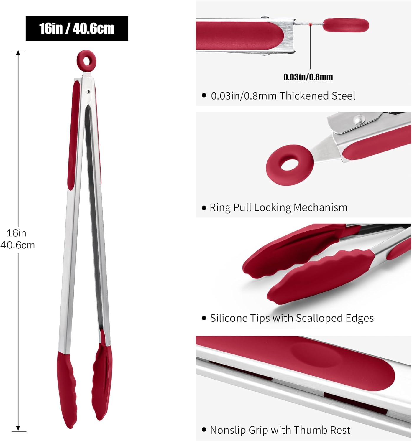 Doosu Kitchen Tongs for Cooking - 600°F Heat Resistant Food Tong with Non-Scratch Silicone Tips, Heavy Duty Stainless Steel Locking Tong for BBQ, Grilling Steak, Serving Salad, Pasta (16in, Red)