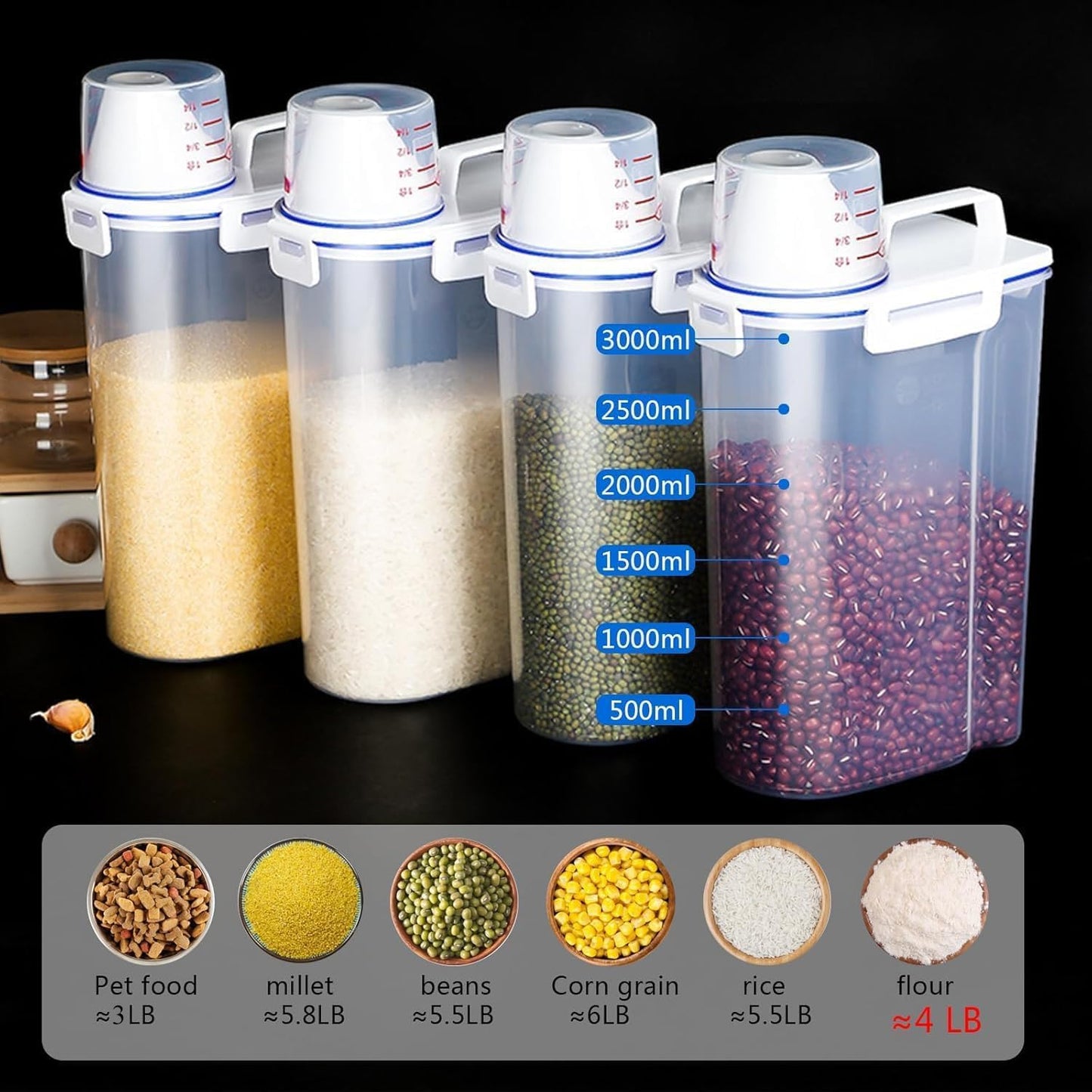 6 set 3-5 LB Rice Storage Bin Flour Cereal Containers Dispenser with BPA Free + Measuring Cup + Pour Spout - Perfect for Rice Flour Baking Supplies Pet Dog Food Storage