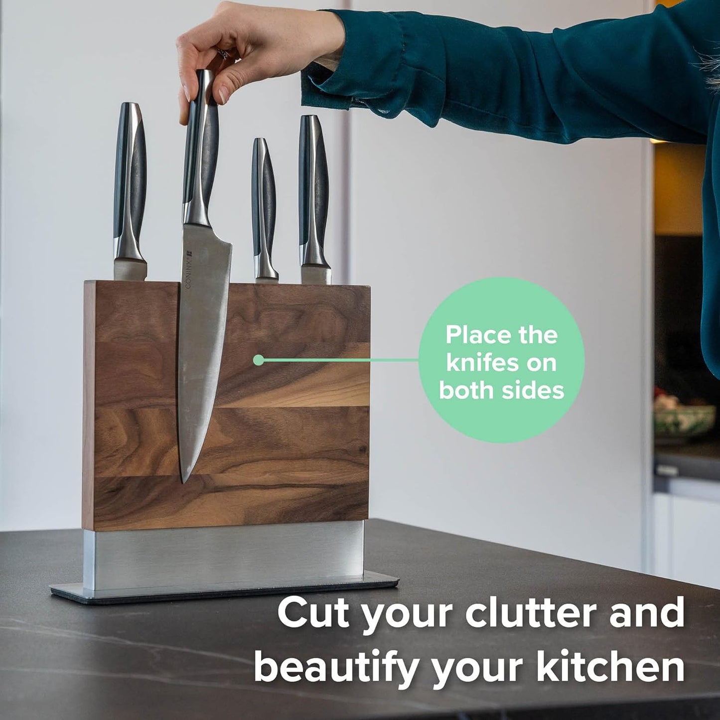 Coninx Magnetic Knife Holder with display stand, Double Sided Strong Magnetic Knife block for Kitchen counter top, Universal empty storage Organizer Block (Walnut Wood)