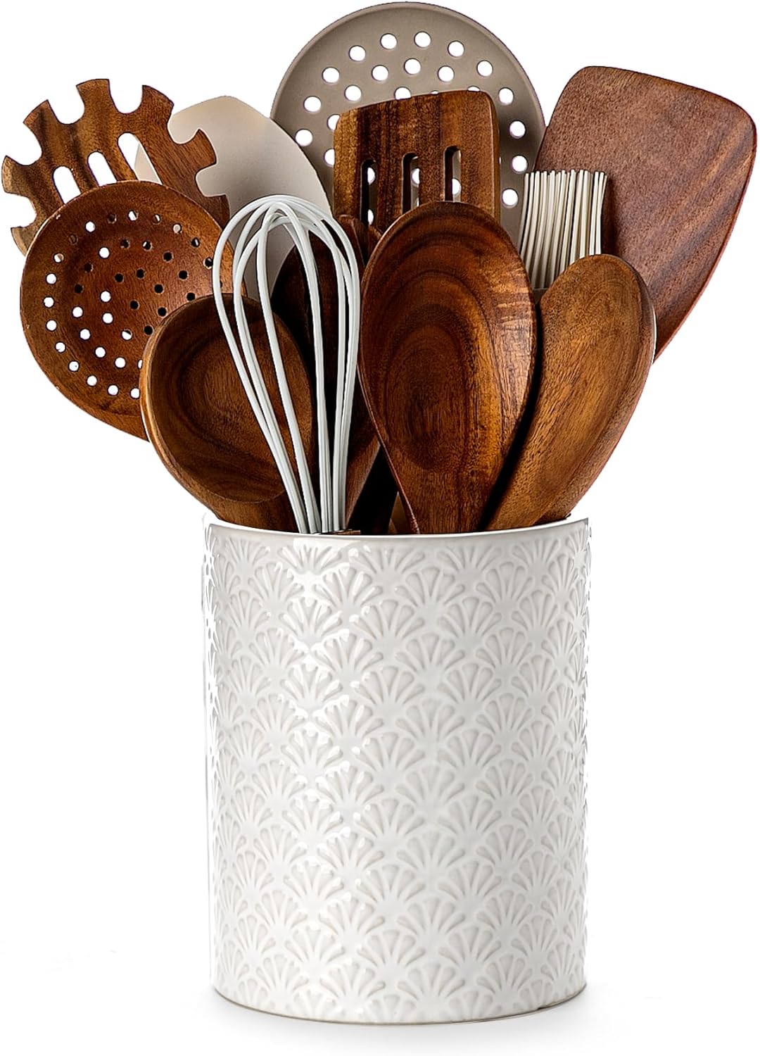 Nucookery 6.4'' Utensil Holder - Ceramic Utensil Holder for Kitchen Counter, Large Capacity Countertop Storage, Farmhouse Style Utensil Crock Organizer for Spoons, Spatulas & Cooking Tools