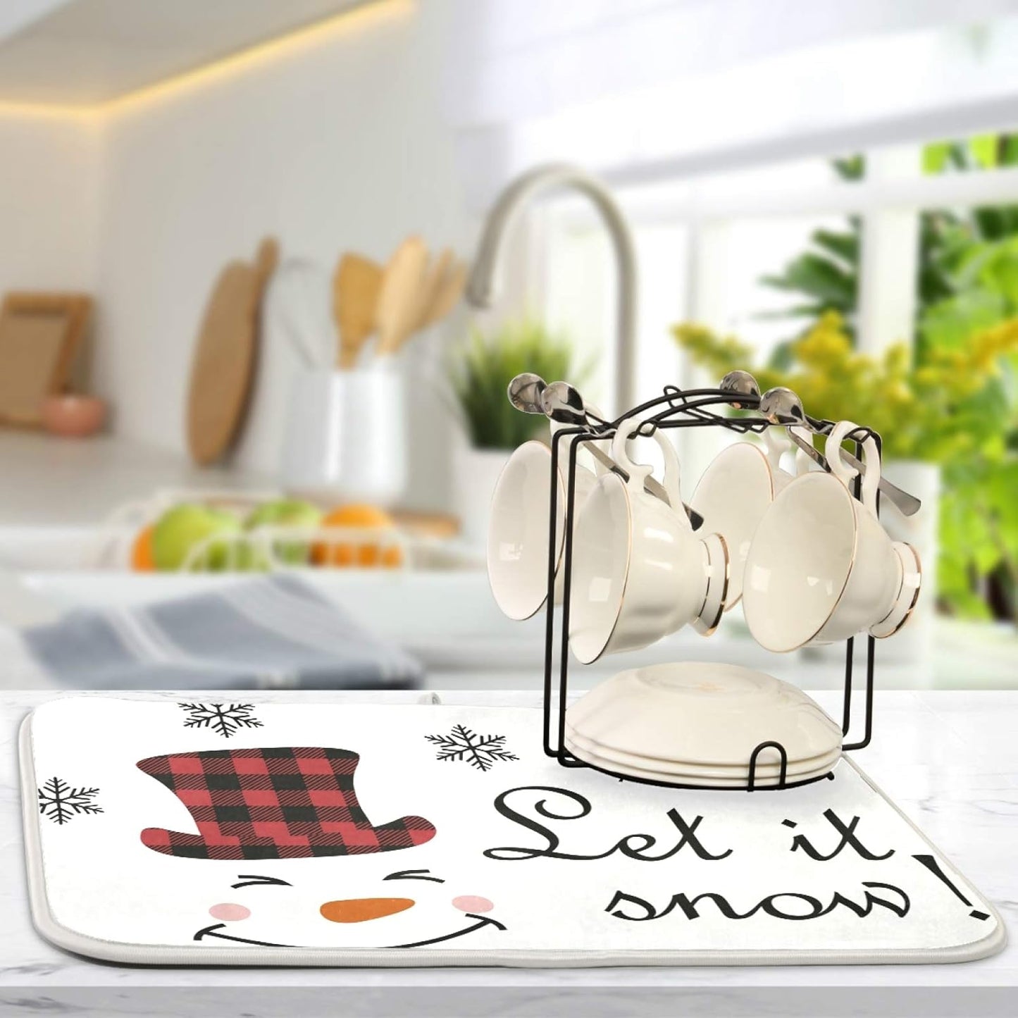 Super Absorbent Dish Drying Mat, Microfiber Fast-Drying Dish Mat, 24" x 18", Kitchen Dish Drying Pad, Watercolor Cute Christmas Winter Snowman