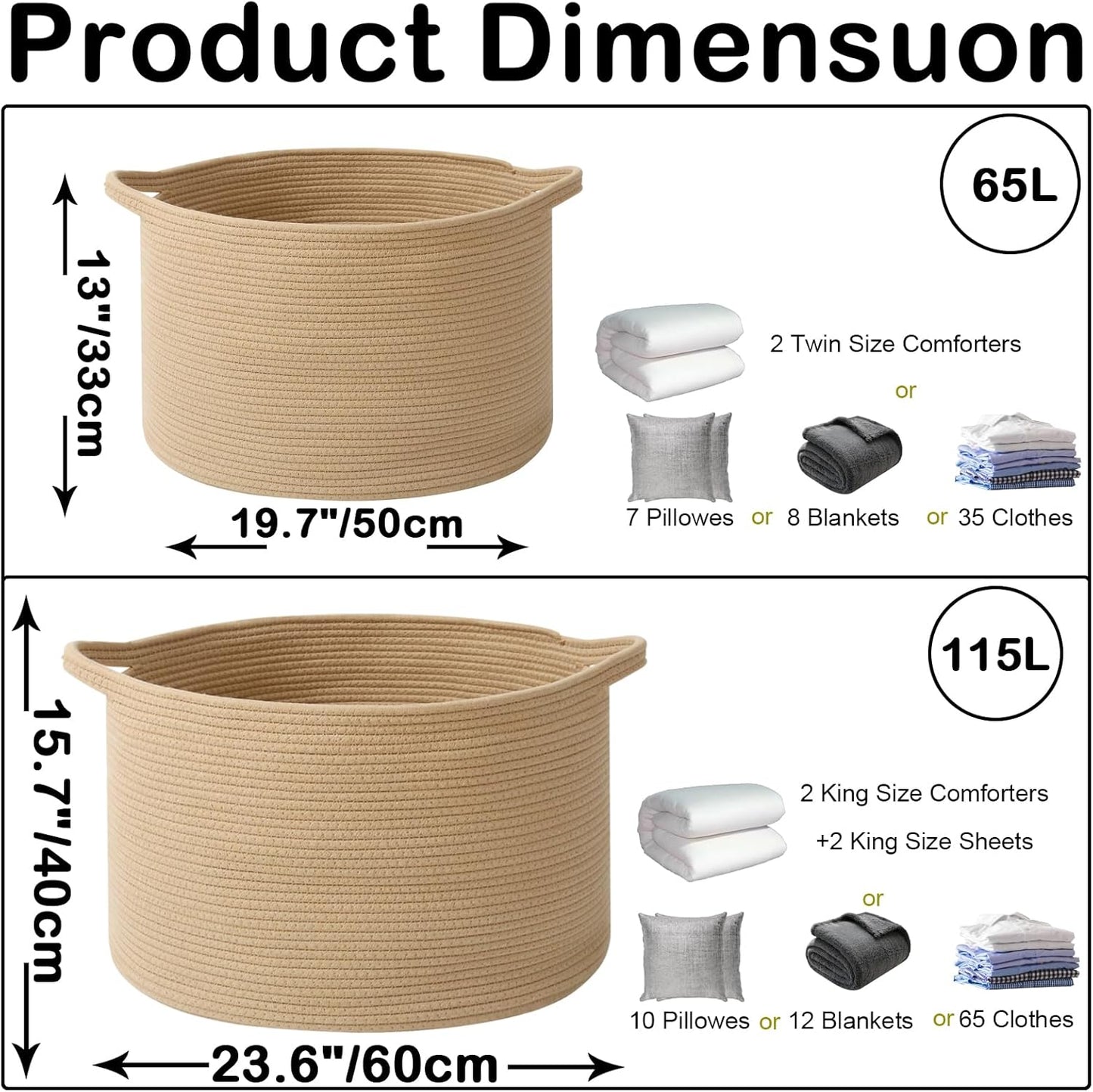 Large Blanket Basket for Organizing,115L Closet Organizers and Storage Bins Box for Shelves Woven Rope Storage Baskets,Living Room,Bedroom,Dorm,Laundry room (Camel)