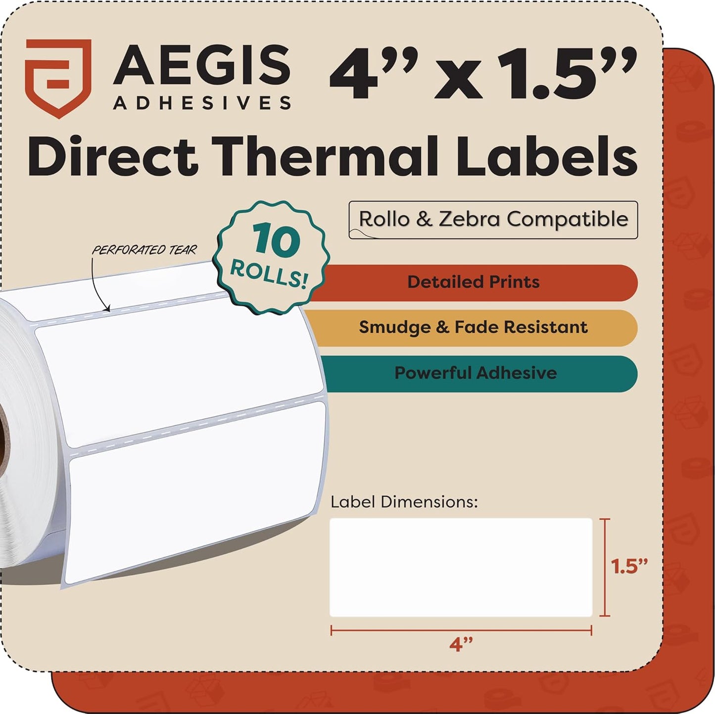 Aegis Adhesives - 4” X 1.5” Direct Thermal Labels for Printing Barcodes, Address, Perforated & Compatible with Rollo, Zebra, & Other Desktop Label Printers (10 Rolls, 900/Roll)