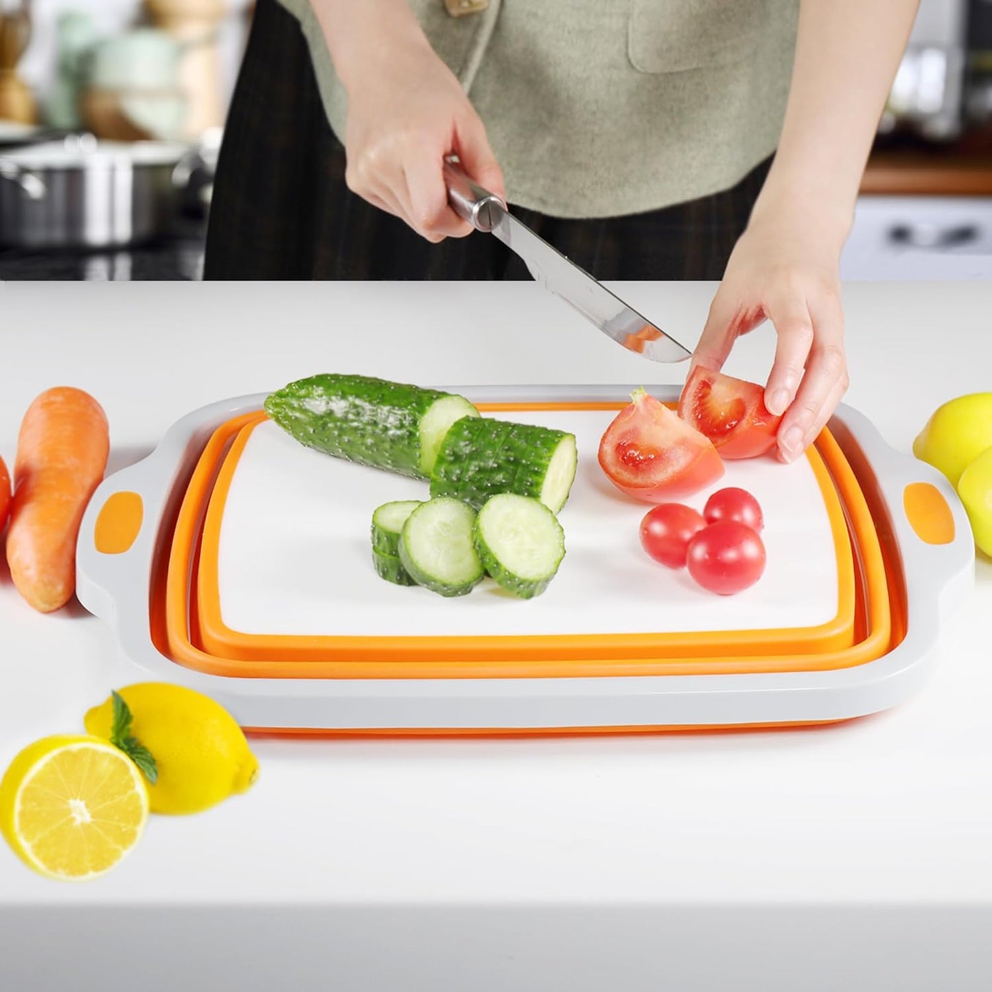 Tiawudi Collapsible Cutting Board with Container, Foldable BBQ Prep Tub, Sapce Saving Dish Basin for Kitchen, Camping, Picnic, Vegetable and Fruit, 2.11 Gal / 8L Portable Sink