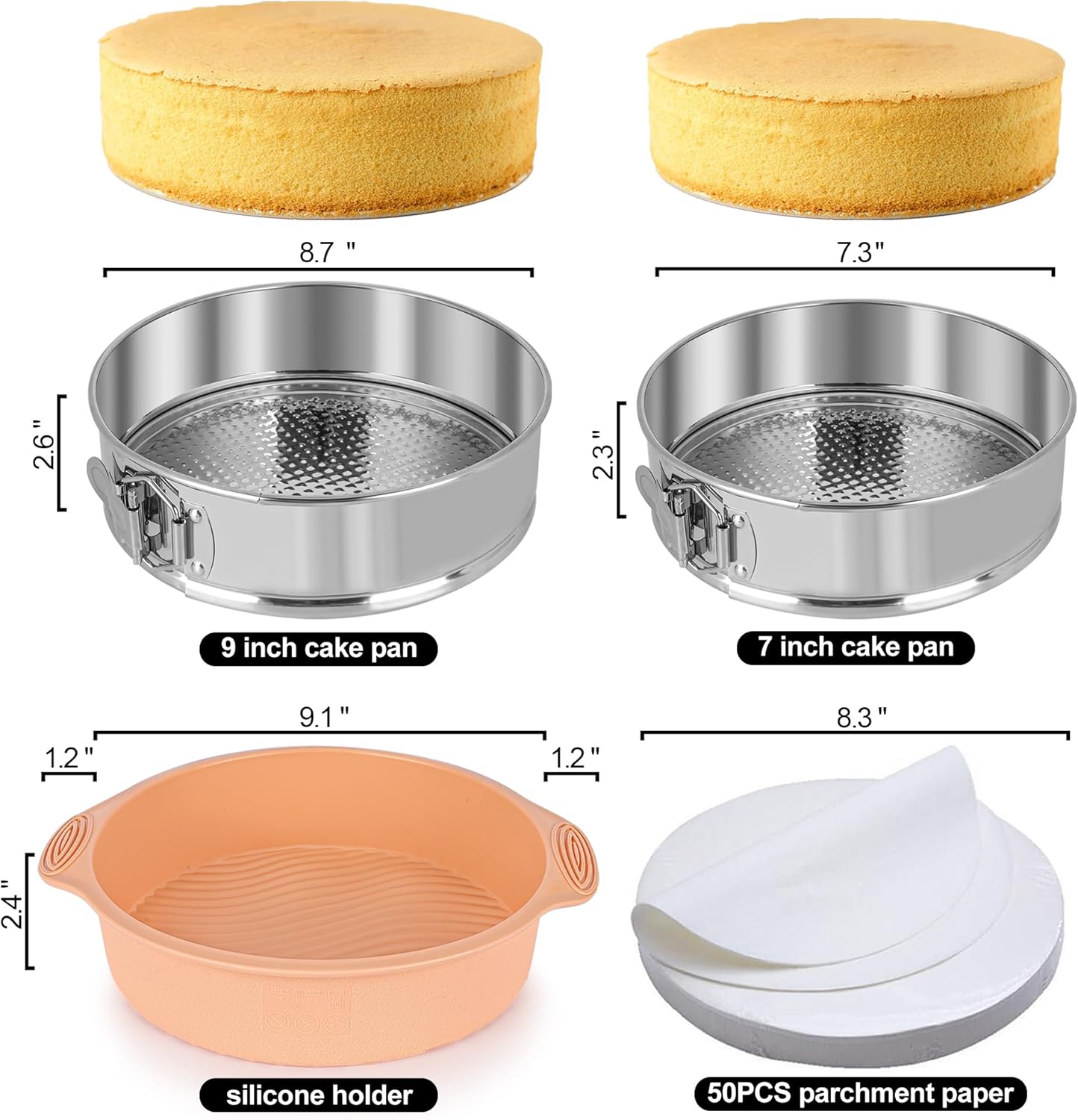 7, 9 Inch Springform Pan, Nonstick 304 Stainless Steel Cake Pans with Removable Bottom, Leakproof Springform Pan for Cheesecake with Silicone Pans Protector & 50PCS Parchment Paper, Dishwasher Safe