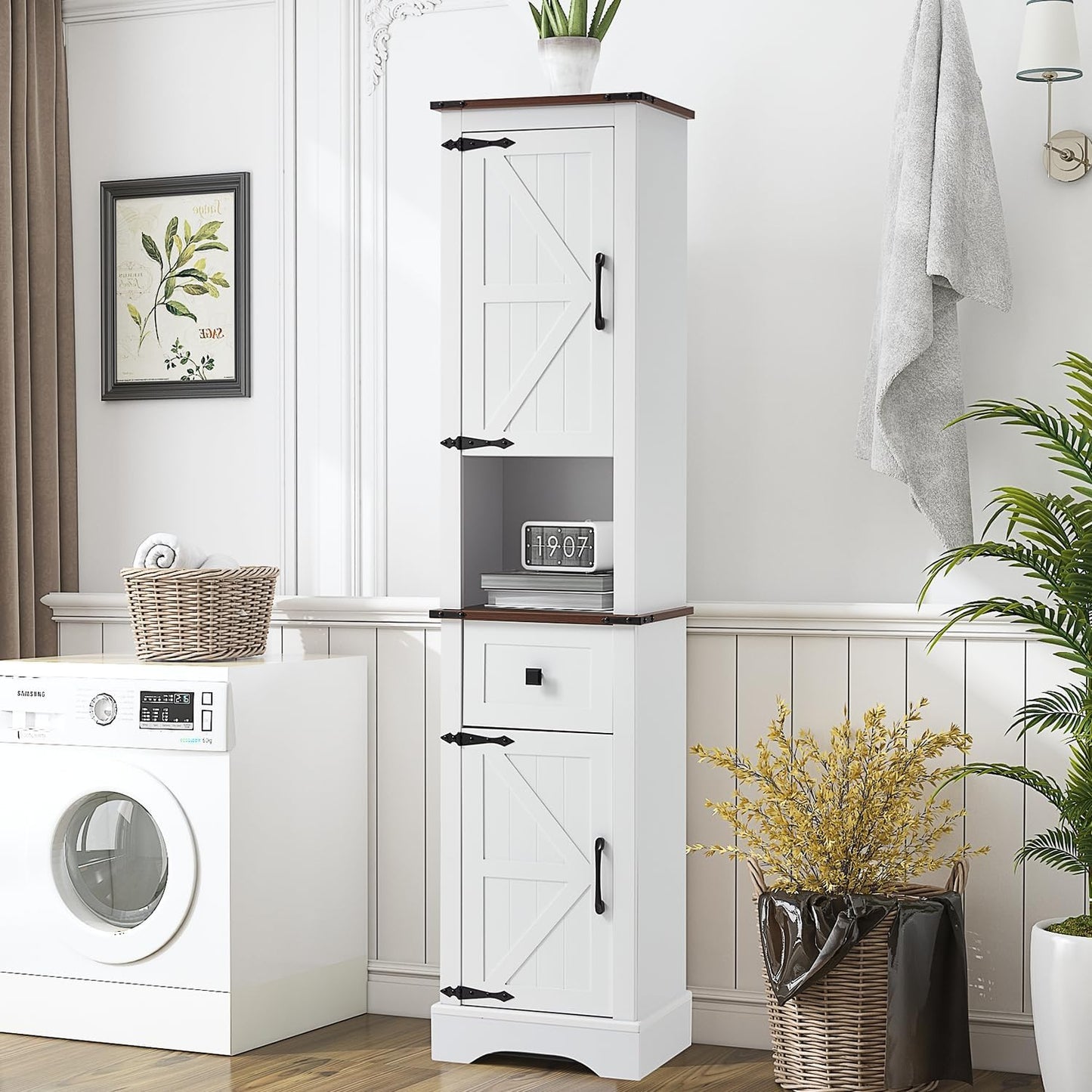 JOMEED Tall Bathroom Storage Cabinet, 68" Farmhouse Linen Tower with Adjustable Shelves & Drawer, Rustic Narrow Storage Cabinet for Bathroom