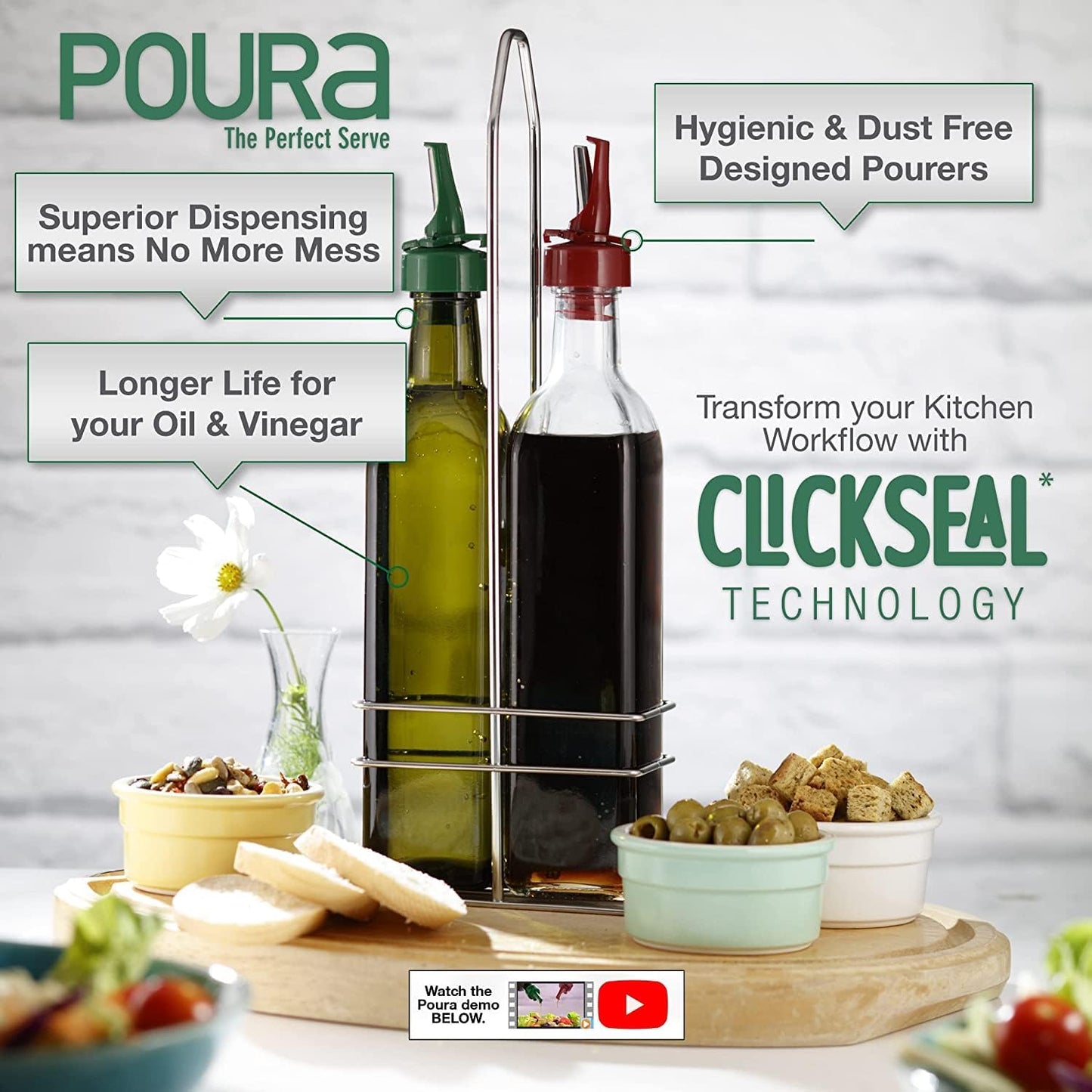 Poura Vinegar and Olive Oil Bottle Drizzler Set with Unique ClickSeal Pour Spouts | Glass Oil & Vinegar Dispenser Bottles for Cooking Kitchen Dining | Hygienic Covers + Silicone Decanter Funnel 500ml