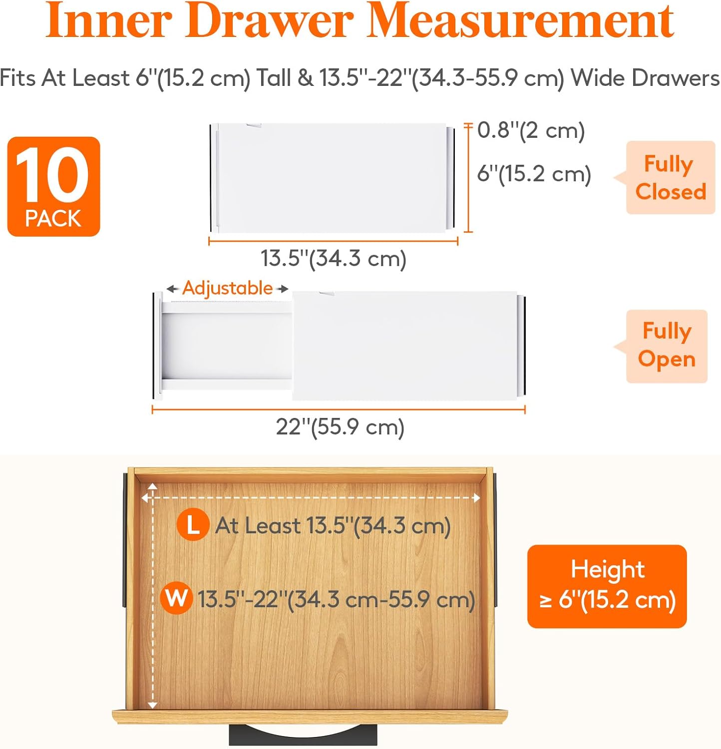Lifewit 10 Pack Drawer Dividers Plastic 6" High, 13.5-22" Adjustable Drawer Organizers for Clothes, Expandable Dresser Separators in Bedroom/Bathroom/Kitchen/Fridge/Office Organization and Storage