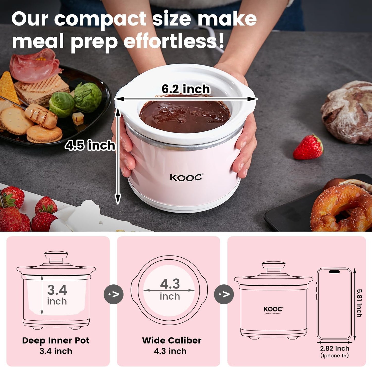 KOOC Small Slow Cooker, 0.65 Quart, Free Liners Included, Upgraded Ceramic Pot, Nutrient Loss Reduction, Sauces, Stews & Dips, Stainless Steel, Pink, Round