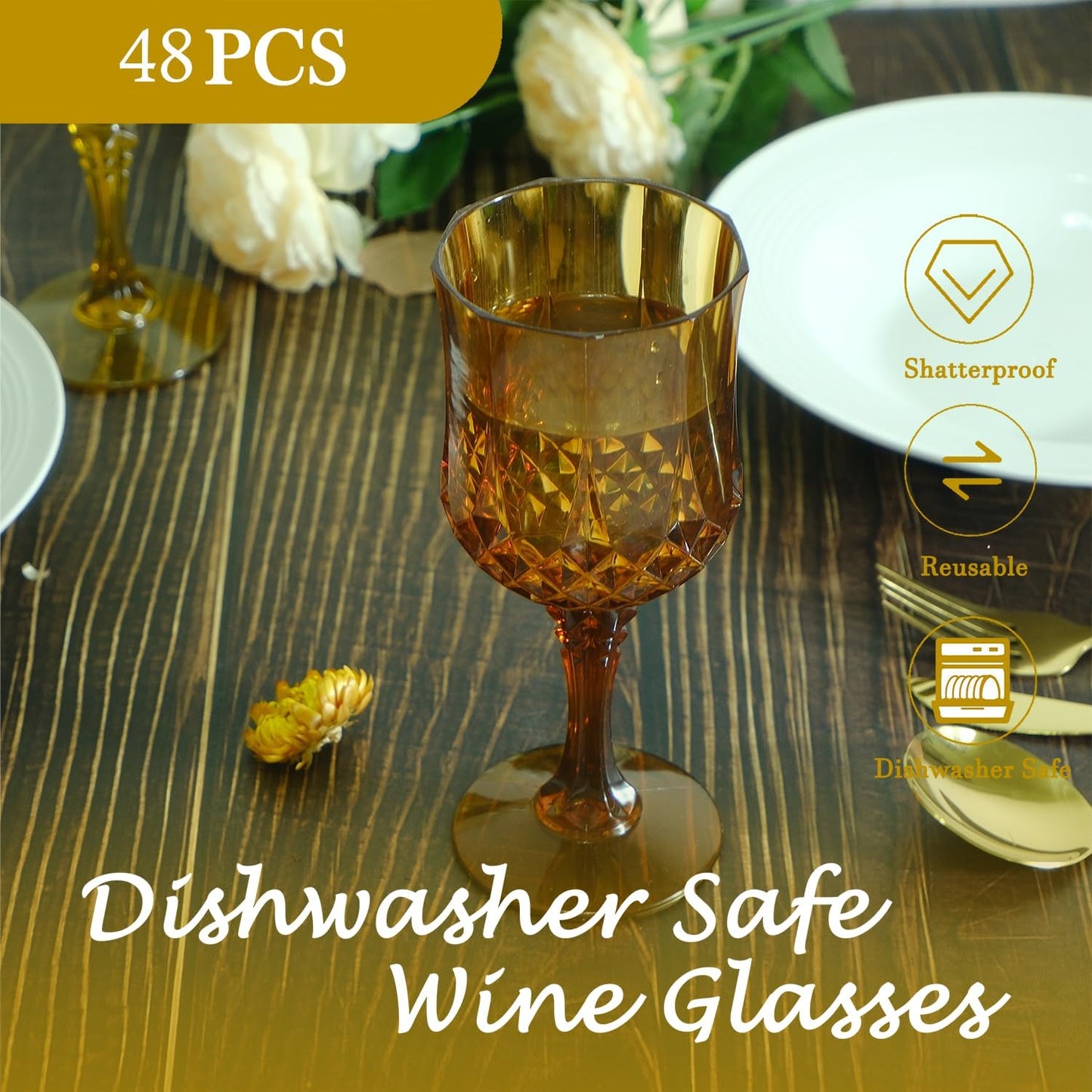 Plastic Wine Glasses，Plastic Goblets Vintage Style Cordial Drinking Glasses for Wedding Reception, Grand Event Party Supplies (48, Amber)