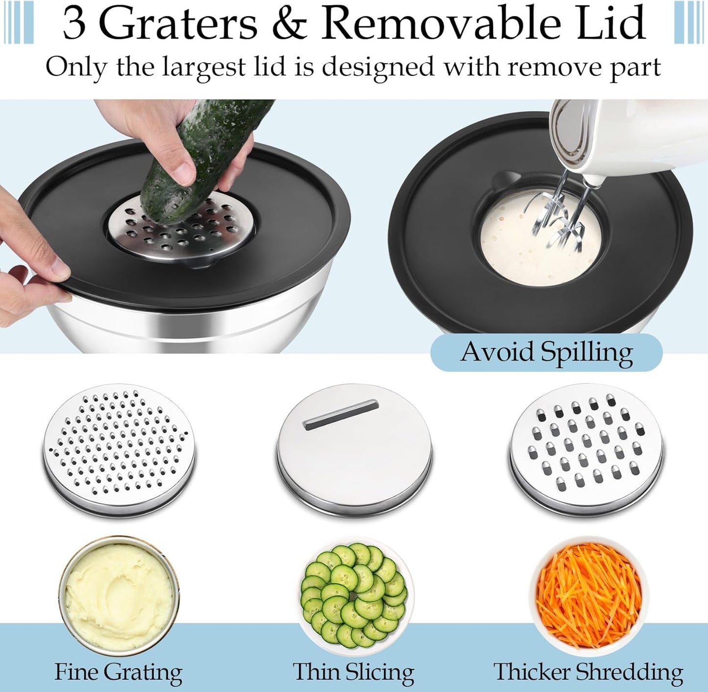 TeamFar Mixing Bowls, Stainless Steel Nesting Salad Bowls with Lids Set of 3 & 3 Grater Attachments, For Mixing/Serving/Storing, Non-toxic & Long-lasting, Size 4.6/3 / 1.5 QT, Black