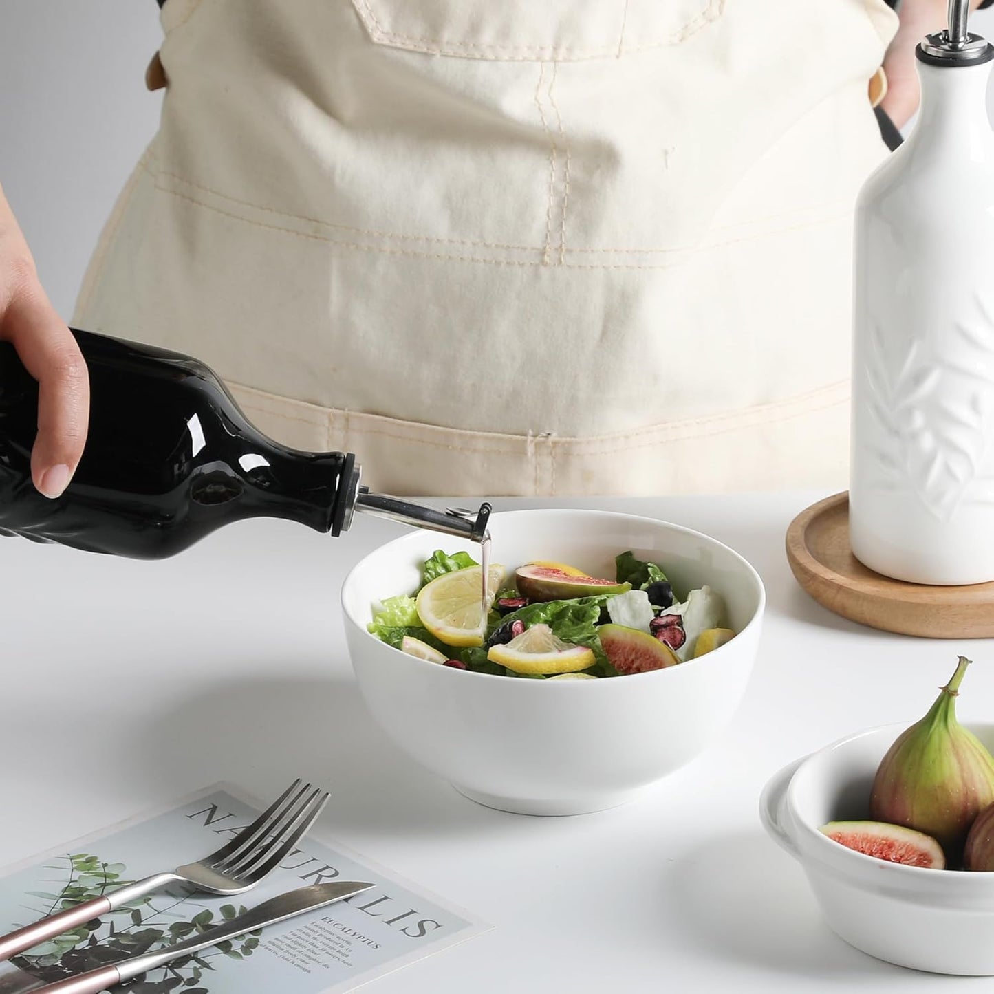 Sweejar Ceramic Olive Oil Dispenser Bottle, 20 Oz Relief Opaque Oil Cruet Protects To Reduce Oxidation, Suitable for Storage Vinegar, Soy Sauce,Liquids,Set of 2 (White Black)