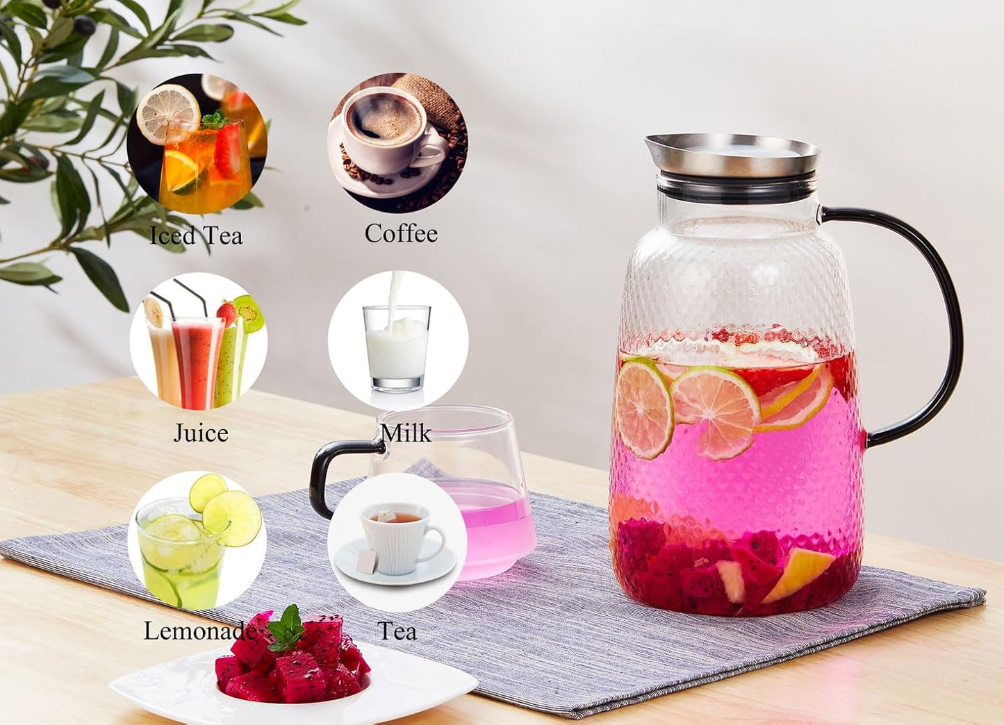 Purefold Pitcher with Lid, Glass Jug with Stainless Steel Lid for Hot and Cold Water, Fruit Tea, Coffee Maker, Ice Tea, Juice, Pineapple Series (Clear, 80 oz)