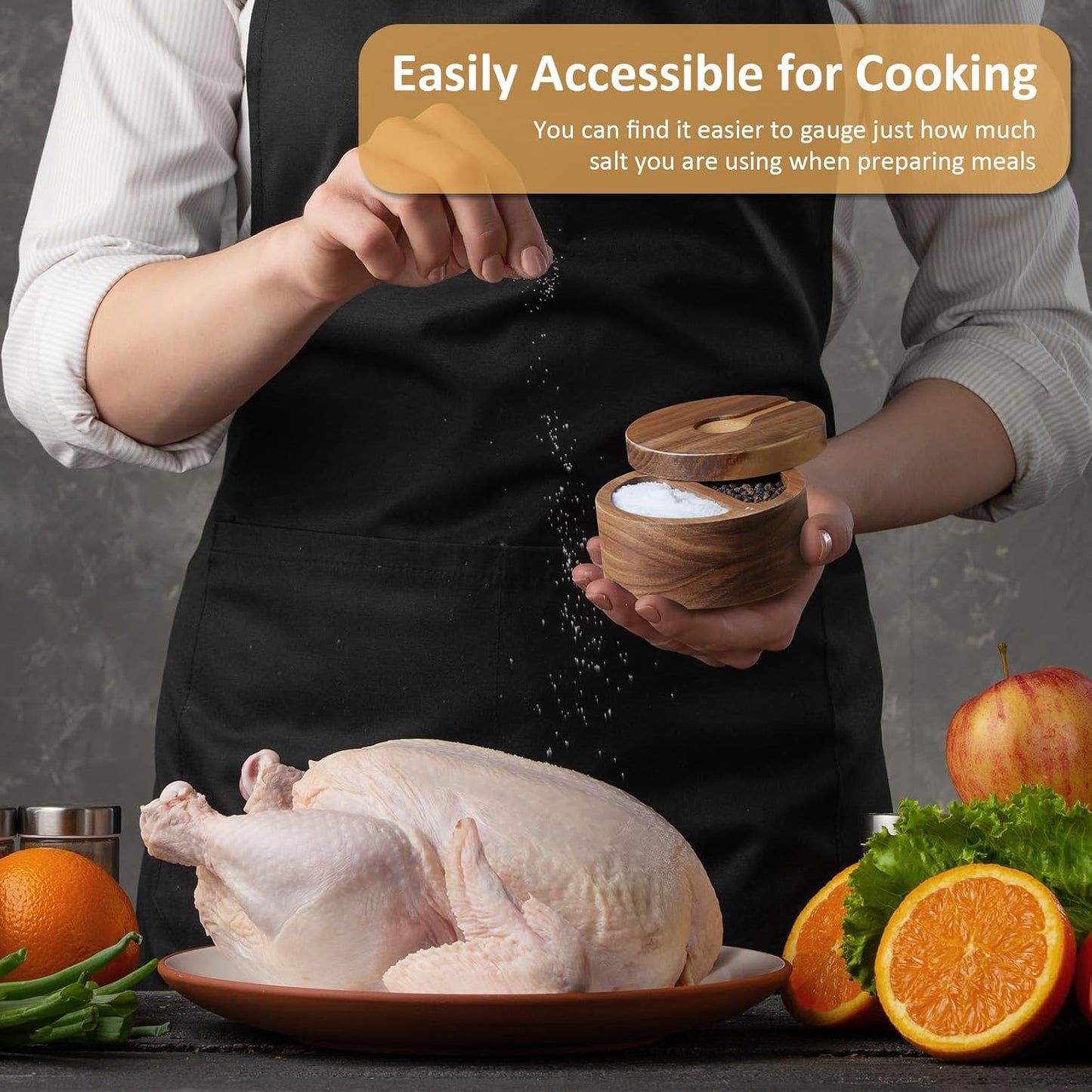 2-Compartment Acacia Salt Box with Lid and Spoon, Salt Cellar with Swivel Lid, Salt Container Holder for Sea Salt Herbs or Favorite Seasonings, Dual 6 oz Salt Bowl