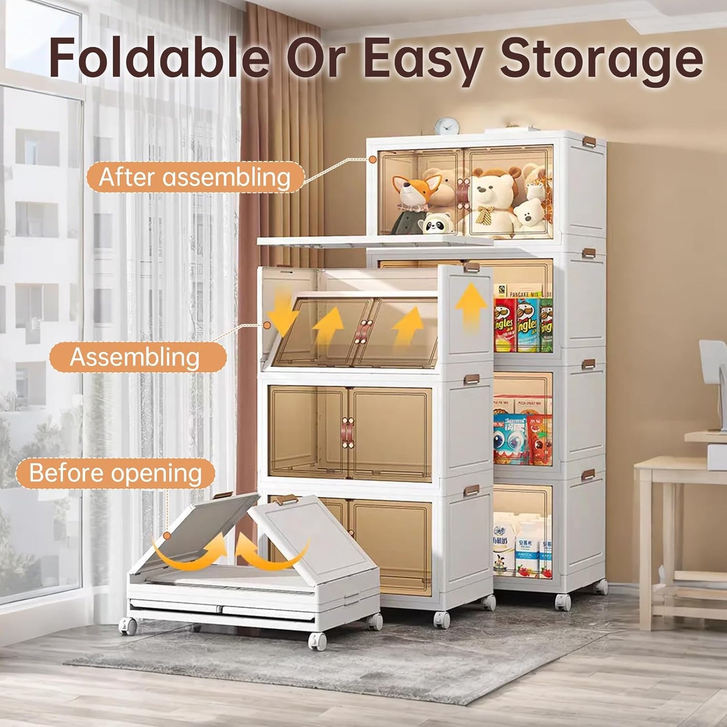 YUFER 3 Tier Box Plastic Stackable Folding Storage Bins with Lids and Doors,360/480 QT Open Front Storage Bins Organizers for Bedroom Clothes - 1 Box 120 QT White