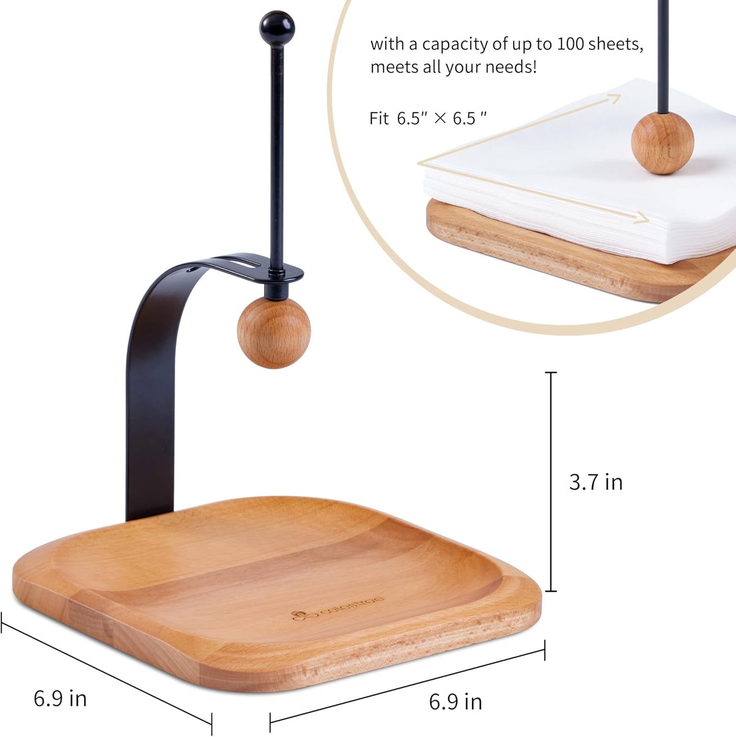 Beechwood Napkin Holder, Elegant Wood Square for Table Dispenser with Weighted Arm, Perfect for Kitchen, Office, Restaurant,Home Décor, Cafe & Outdoor Use, Warming Gift.