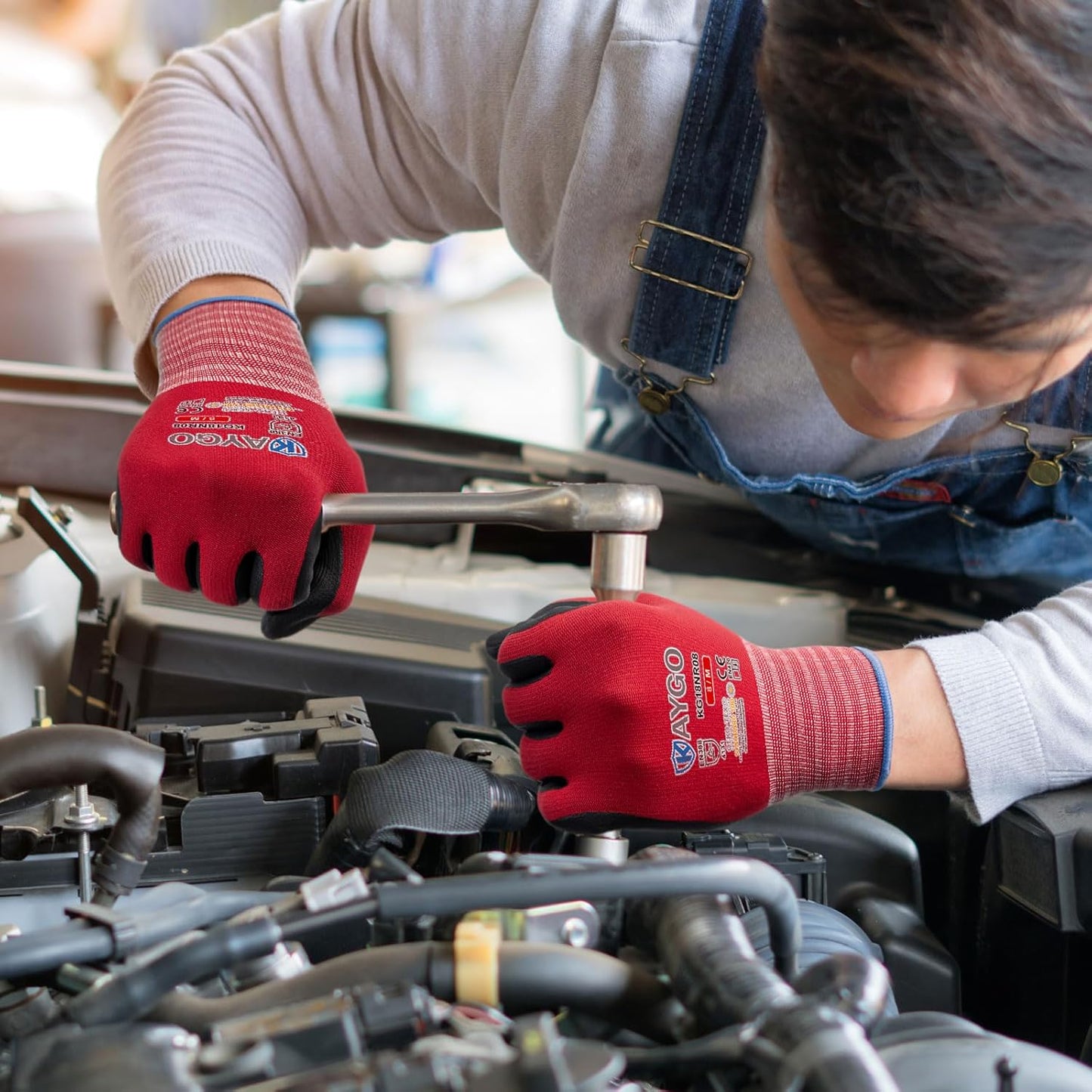 KAYGO Safety Work Gloves MicroFoam Nitrile Coated-3 Pairs, KG18NB,Seamless Knit Nylon Glove with Black Micro-Foam Nitrile Grip,Ideal for General Purpose,Automotive,Home Improvement,Red X-large