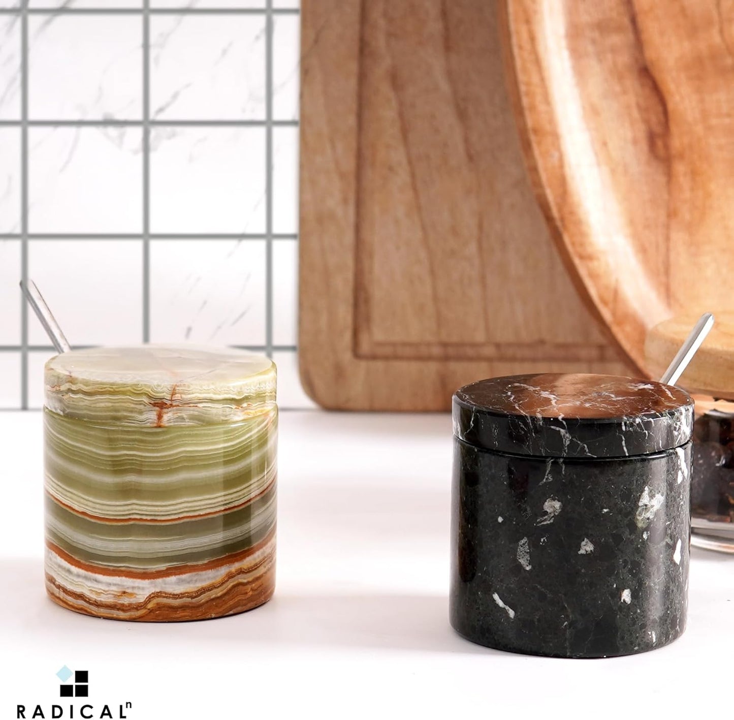 Radicaln Marble Salt Cellar With lid and Tray 3" Inch Black and Green Salt Container, Set of 2 for Kitchen countertop, Ideal Salt Bowl and Spice Storage Container