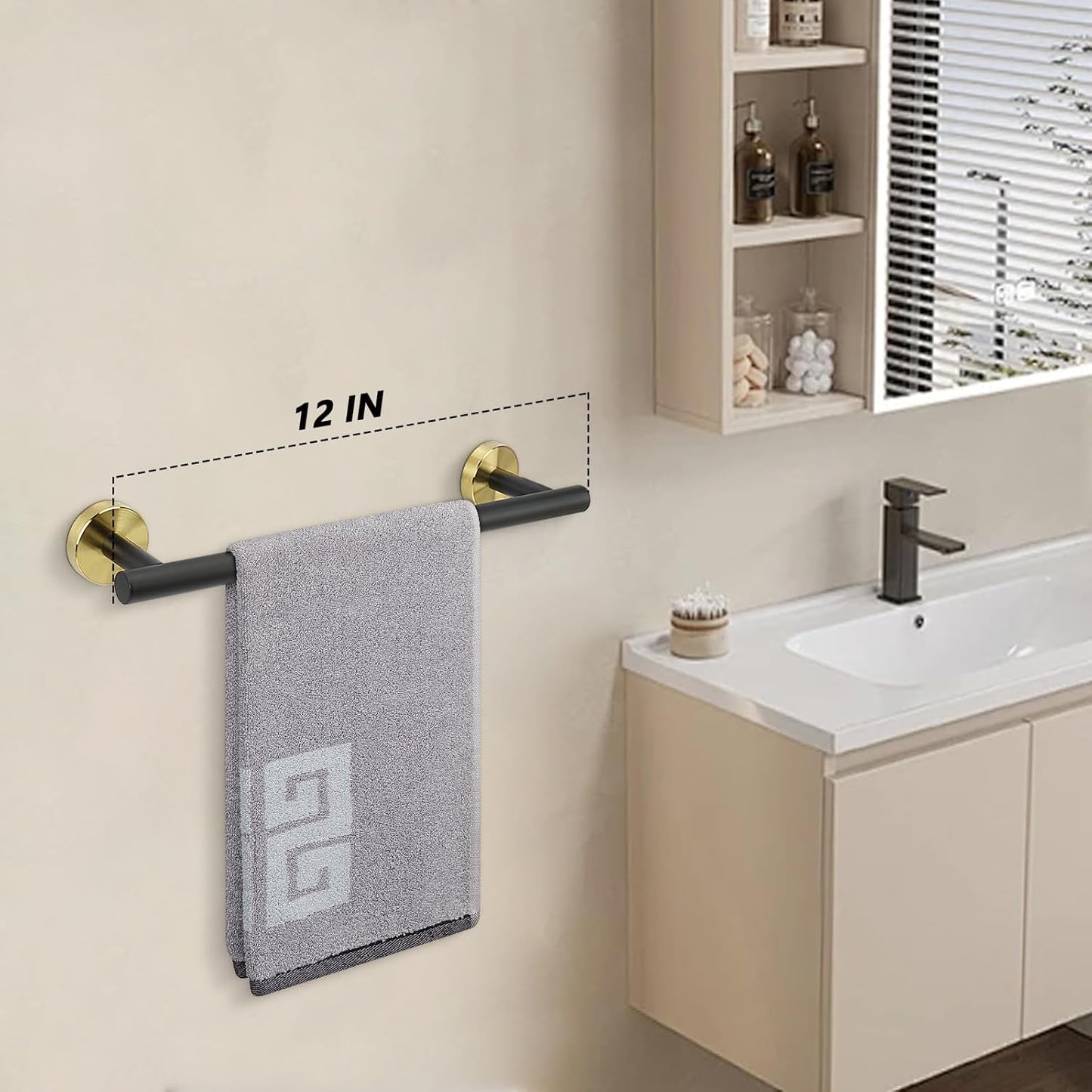 NearMoon Bath Towel Bar, Bath Accessories Thicken Stainless Steel Shower Towel Rack for Bathroom, Towel Holder Wall Mounted (1 Pack, Matte Black & Gold, 12 Inch)