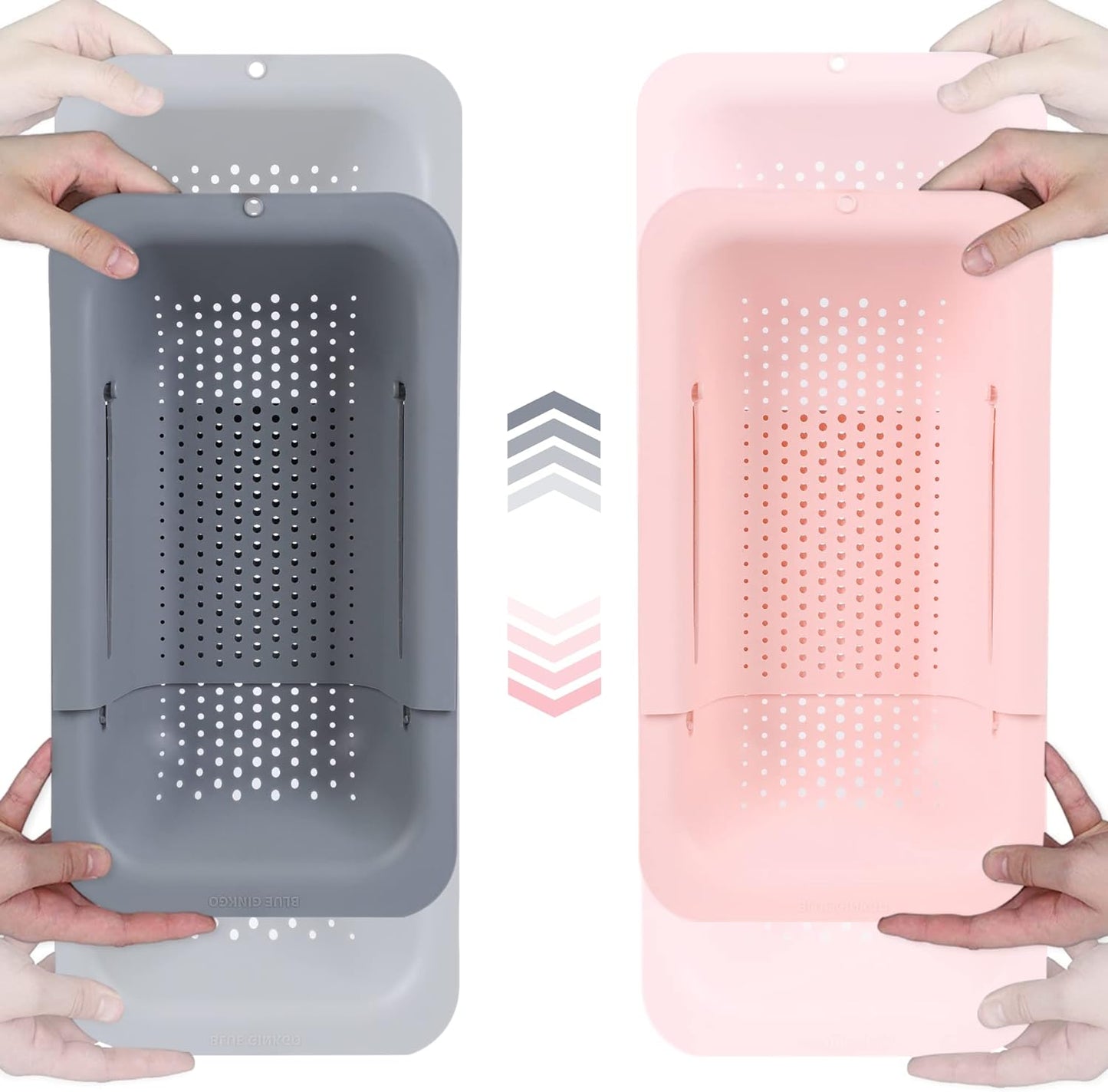 BLUE GINKGO Sink Colander Baskets - (Pack of 2) Wash Vegetables and Fruits, Drain Cooked Pasta and Dry Dishes - Extendable - New Home Kitchen Essentials (Grey & Pink)