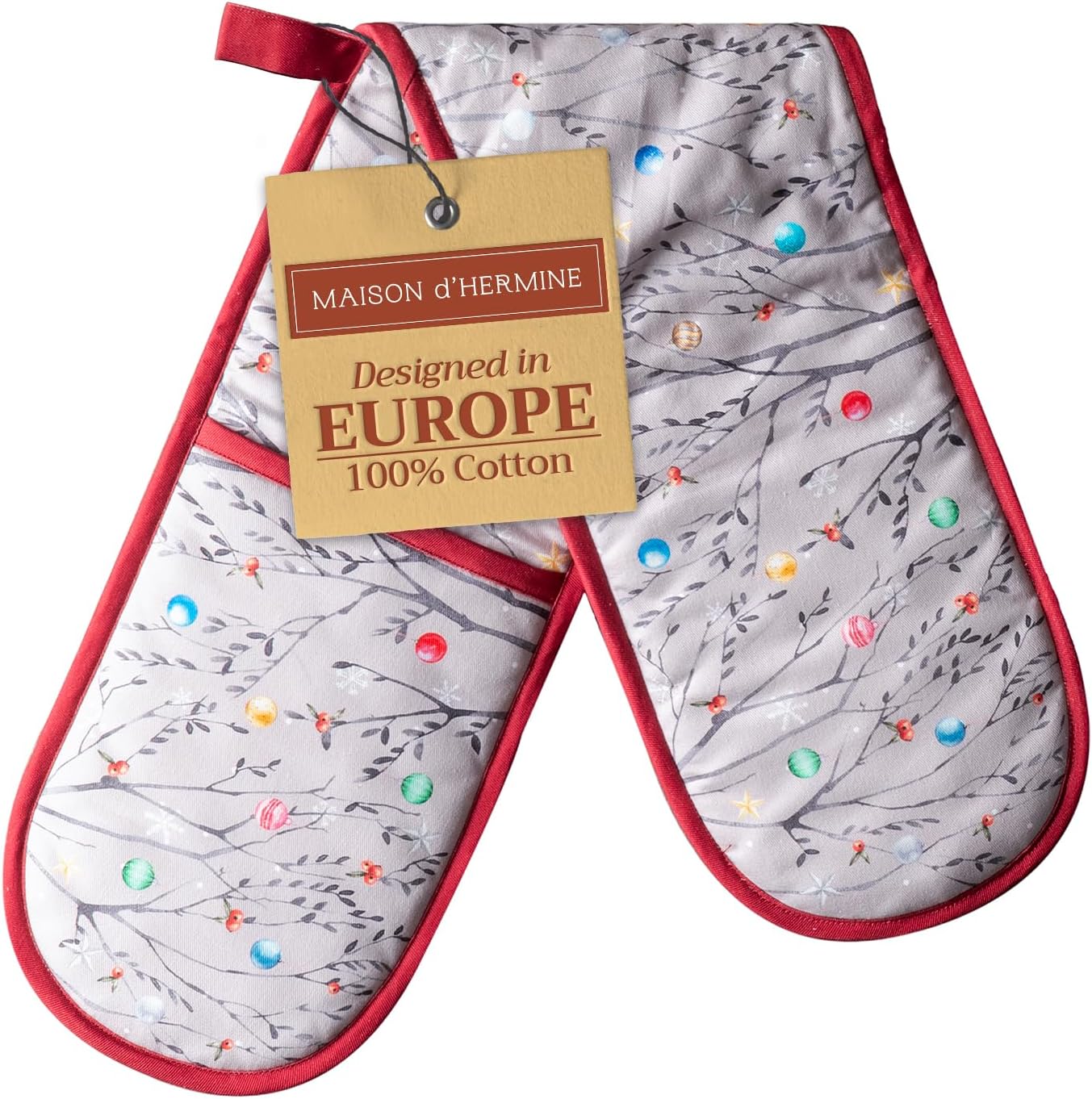 Maison d' Hermine Double Oven Mitt 100% Cotton Heat Resistant Cooking Gloves with Loop, Baking Barbeque, Handling Hot Pan, Fairy Christmas - Thanksgiving/Christmas (7 Inch x 35 Inch)