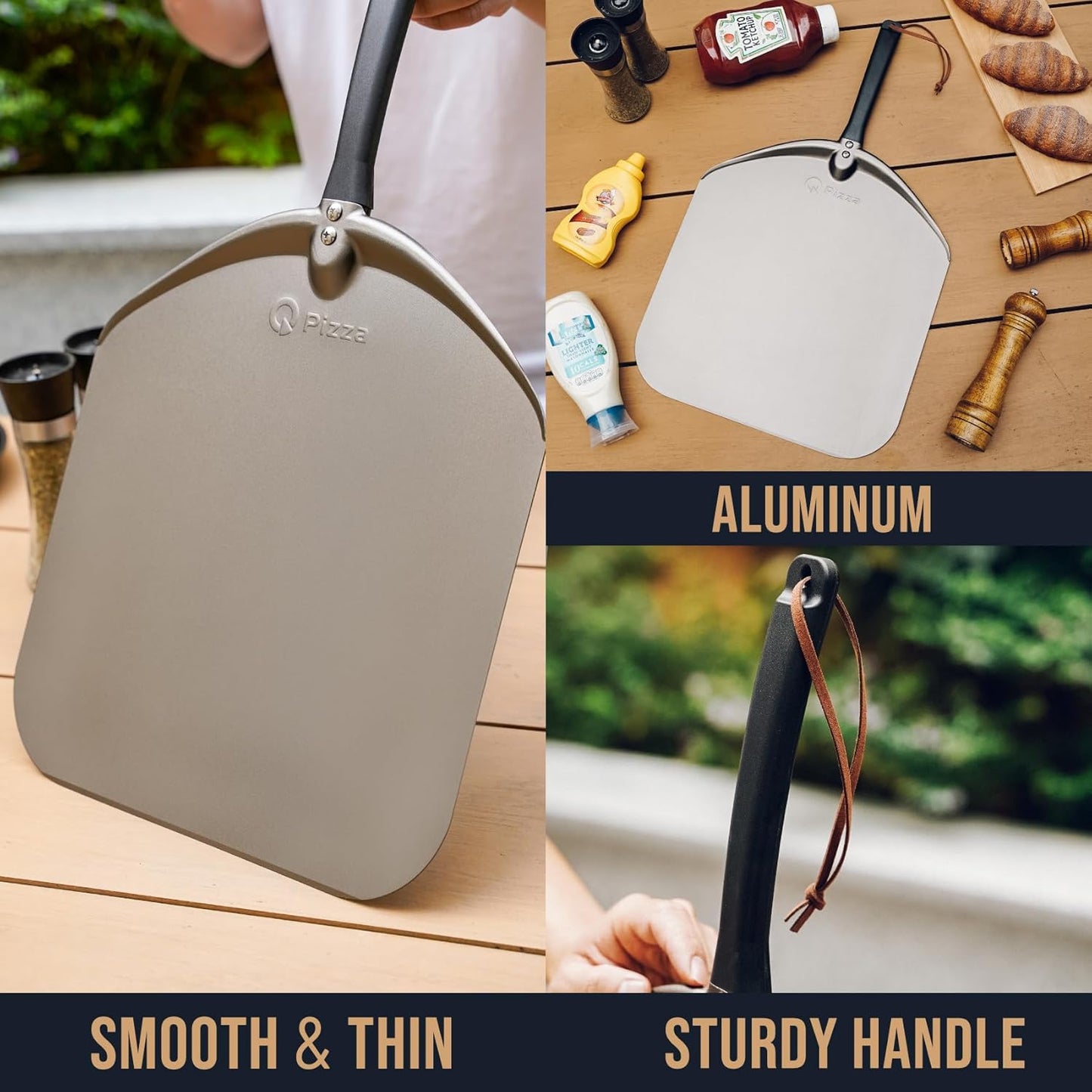 Q Pizza Aluminium Pizza Peel 14 inch, Extra Large Metal Pizza Turning Paddle, Non-stick Pizza Spatula for ooni Grill Oven Baking Bread Pastry Dough Pie Cake, PT205