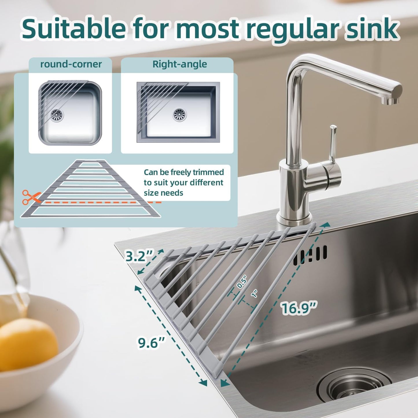 Ohuhu Triangle Roll Up Dish Drying Rack, Anti-Slip Organizer for Kitchen Sink Drying Rack with Full Silicone Wrapped for Top of Sink Coner Grey