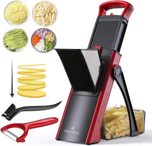 ONCE FOR ALL Safe Mandoline Slicer For Kitchen, Biger Size, Adjustable Vegetable Chopper Food Slicer Potato French Fry Cutter with Peeler, Detachable, Kitchen Chopping Artifact (Red)