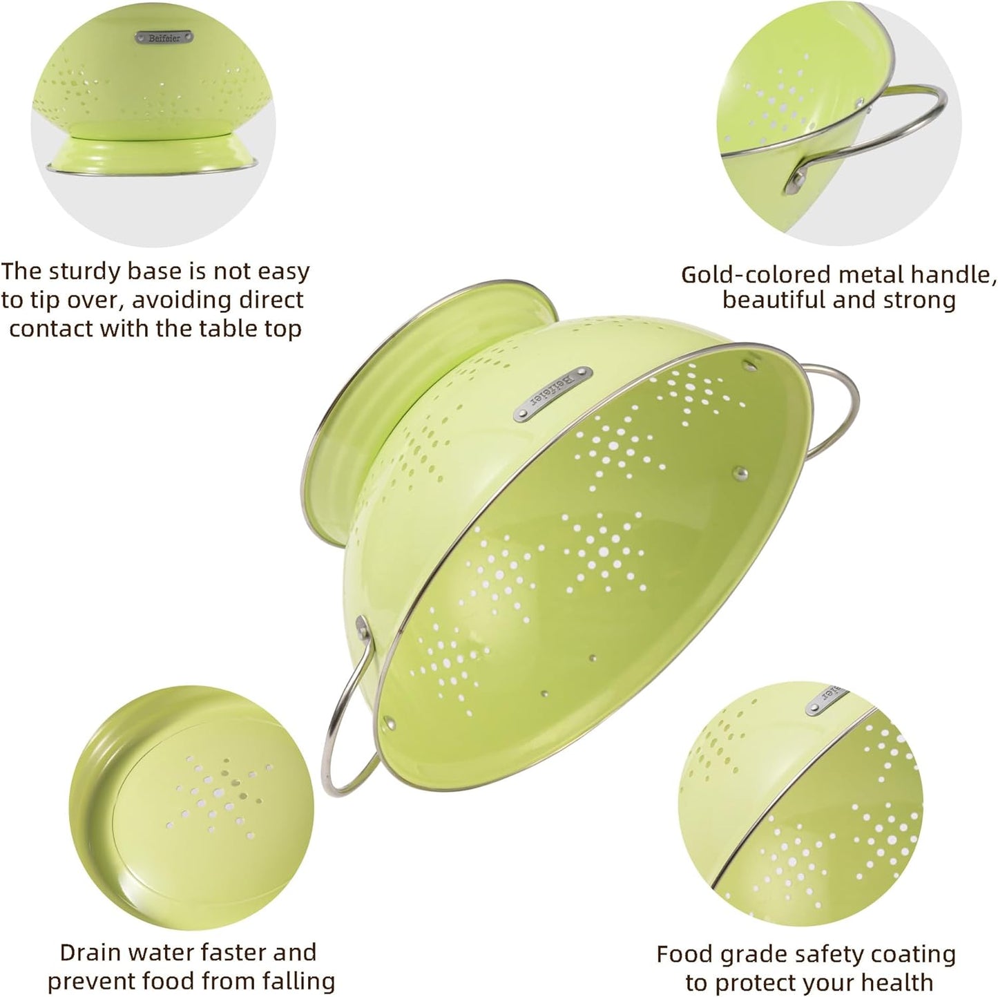 Metal Colander 2 Pack, Strainer Bowel with Handles 2Qt & 6Qt Powder Coated Solid Ring Base Heavey Duty Kitchen Drainer Basket for Pasta Veggies and Fruits,New Home Apartment Essentials (LightGreen)