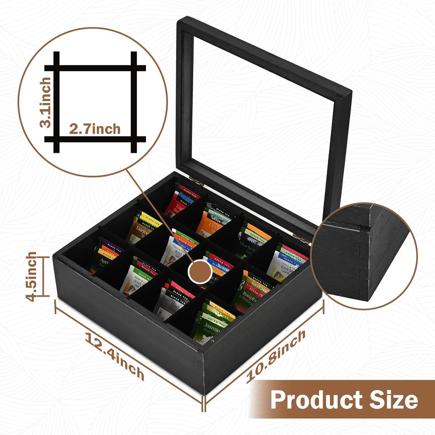 Wood Big Black Tea Bag Organizer Storage Box 12-Compartment Multi-Functional Box,Vintage Tea Case.