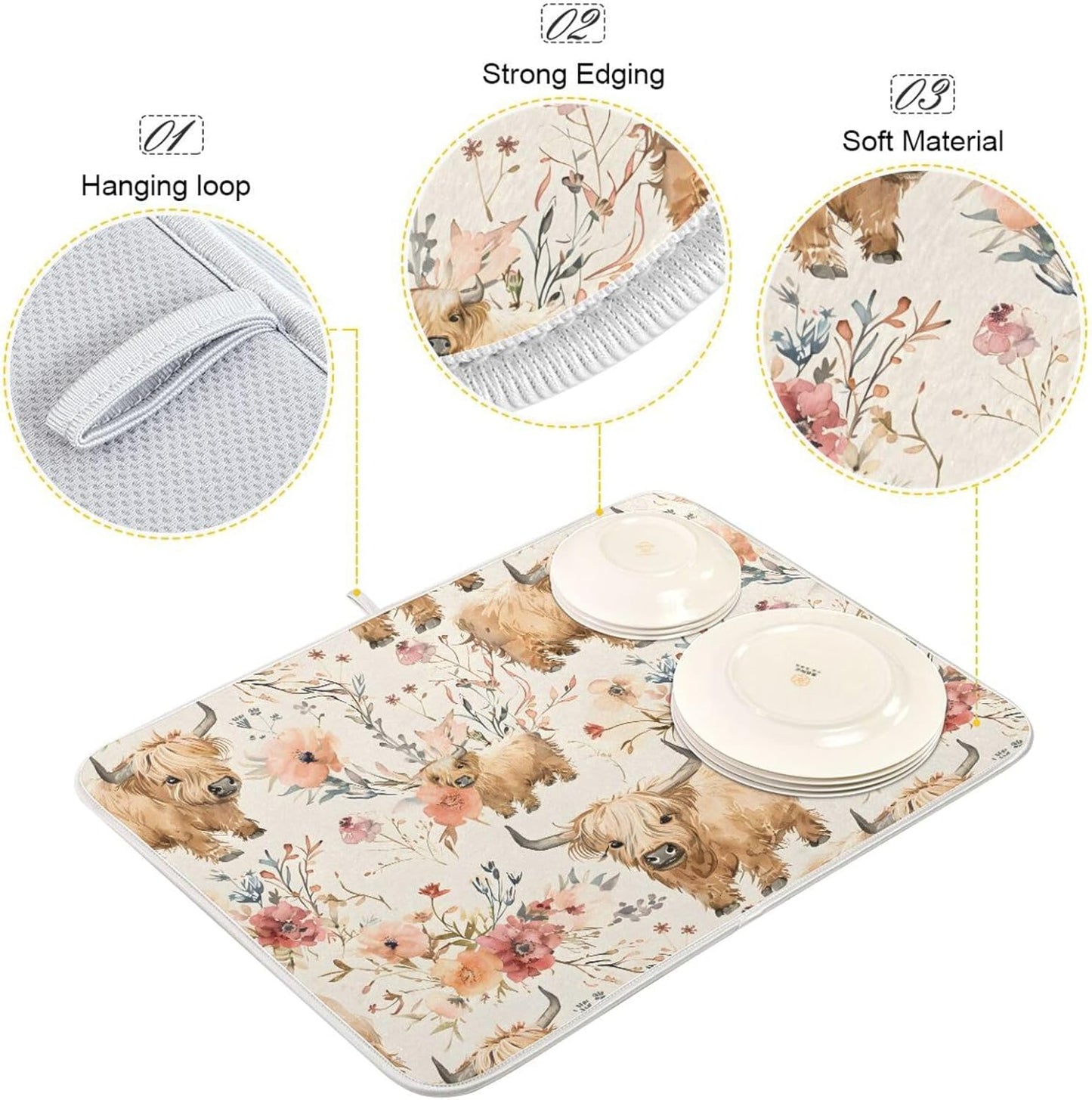 Cute Highland Cows Flowers Dish Drying Mat for Kitchen Counter Absorbent Microfiber Drying Pad, Medium 16x18 in, Reversible Drainer Mats