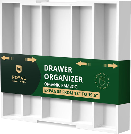 ROYAL CRAFT WOOD Luxury Bamboo Kitchen Drawer Organizer - Silverware Organizer - Utensil Holder and Cutlery Tray with Grooved Drawer Dividers for Flatware and Kitchen Utensils (5 Slot, White)