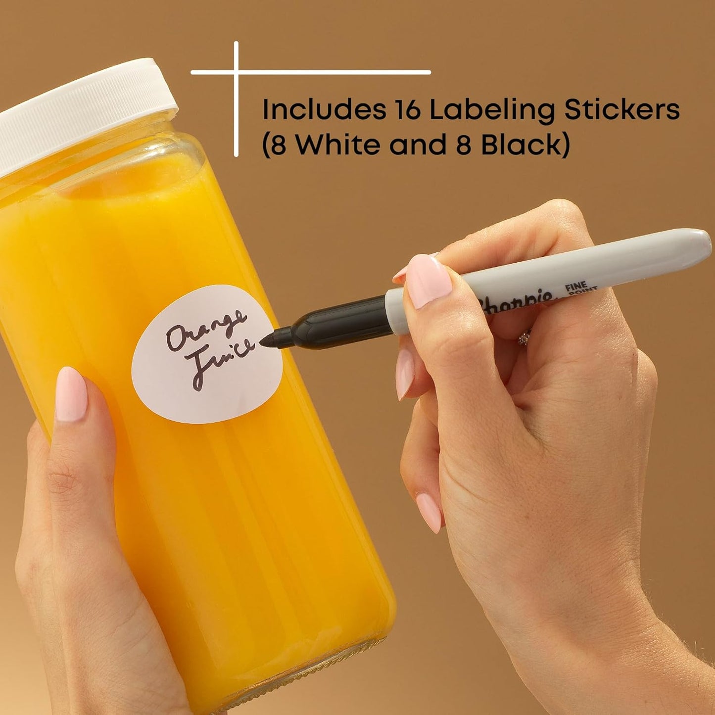 JoyJolt 16 oz Reusable Glass Bottles with Caps. Set of 8 Juicing Bottles With Lids and Juice Jars Labels. Glasses for Cold Brew, Smoothie