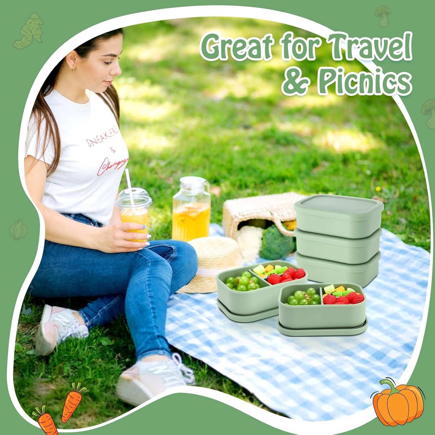 Honeydak 4 Pcs Silicone Bento Lunch Box 3 Compartment Reusable Leakproof Silicone Bento Lunch Container for Adults Microwave Dishwasher Freezer Safe(Olive Green)