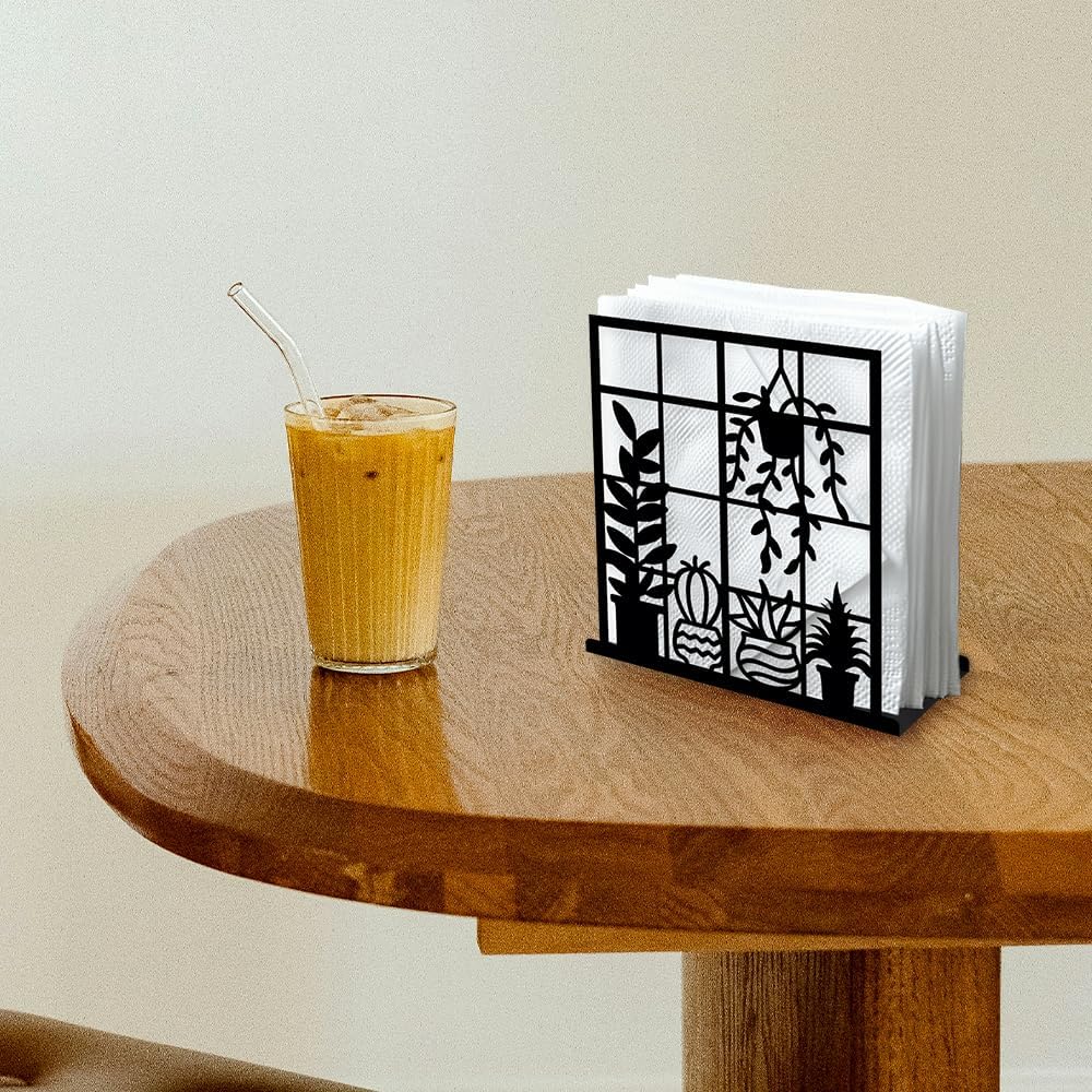 Potted Plant Decorative Black Metal Napkin Holder for Table, 4.9"x5.3"x1.9" Window Sill Hanging Basket Standing Napkin Holder for Home Kitchen Restaurant Picnic Party Coffee Bar Dining Room